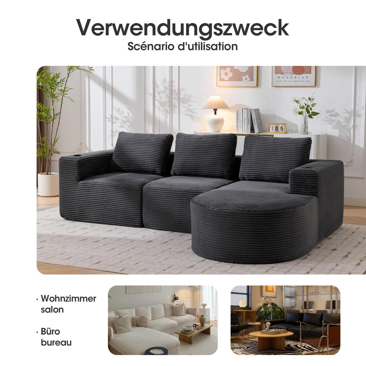 2-SITZER ECKSOFA Cord Dunkelgrau mit Kissen und Becherhalter - Dunkelgrau, Textil (265/176cm) - WISHDOR