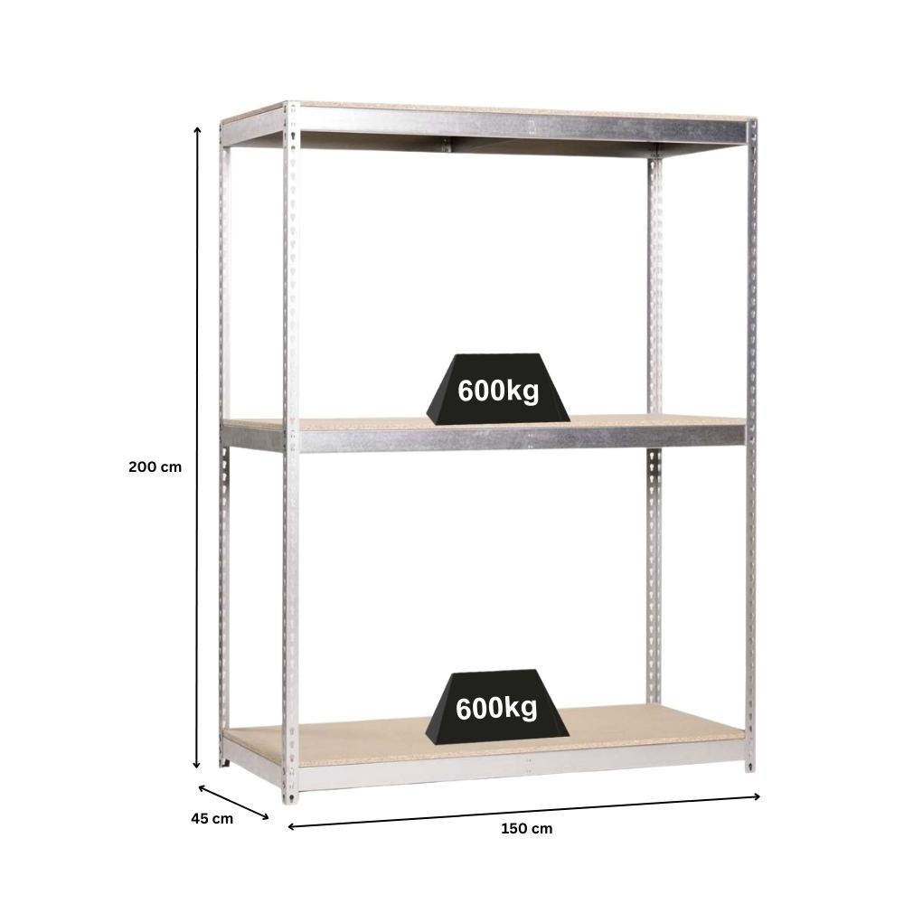 SCHWERLASTREGAL Wood Beast Three HxBxT 200 x 150 x 45 cm 3 Ebenen Fachlast 600 kg Verzinkt - Silberfarben, Metall (150/200/45cm) - PROREGAL