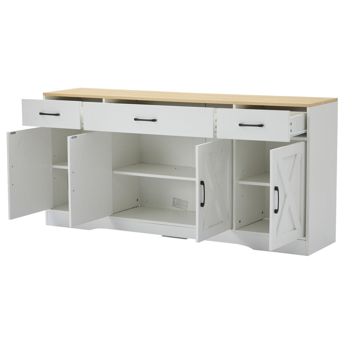 SIDEBOARD 160/37/75 cm mit 4 Türen & 3 Schubladen in Weiß mit Holzfarbener Platte - Weiß, Holzwerkstoff (160/75/37cm) - BEAOK