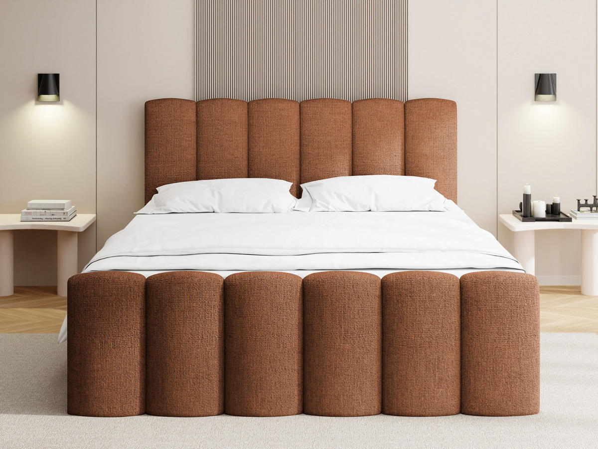 BOXBETT Serenity mit Bettkasten, Orange Chenille 160x200 cm – inkl. H4 Taschenfederkern Matratze & Foam Topper - Schwarz/Orange, Holz/Holzwerkstoff (160/200cm) - WFL GROUP