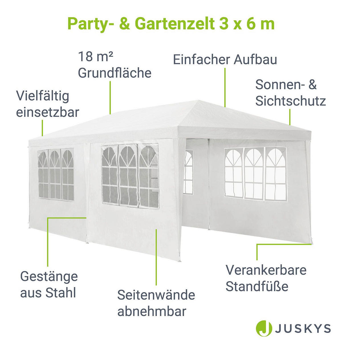PARTYZELT Gartenzelt weiß 3x6 m - Weiß, Metall (300/250/600cm) - Juskys