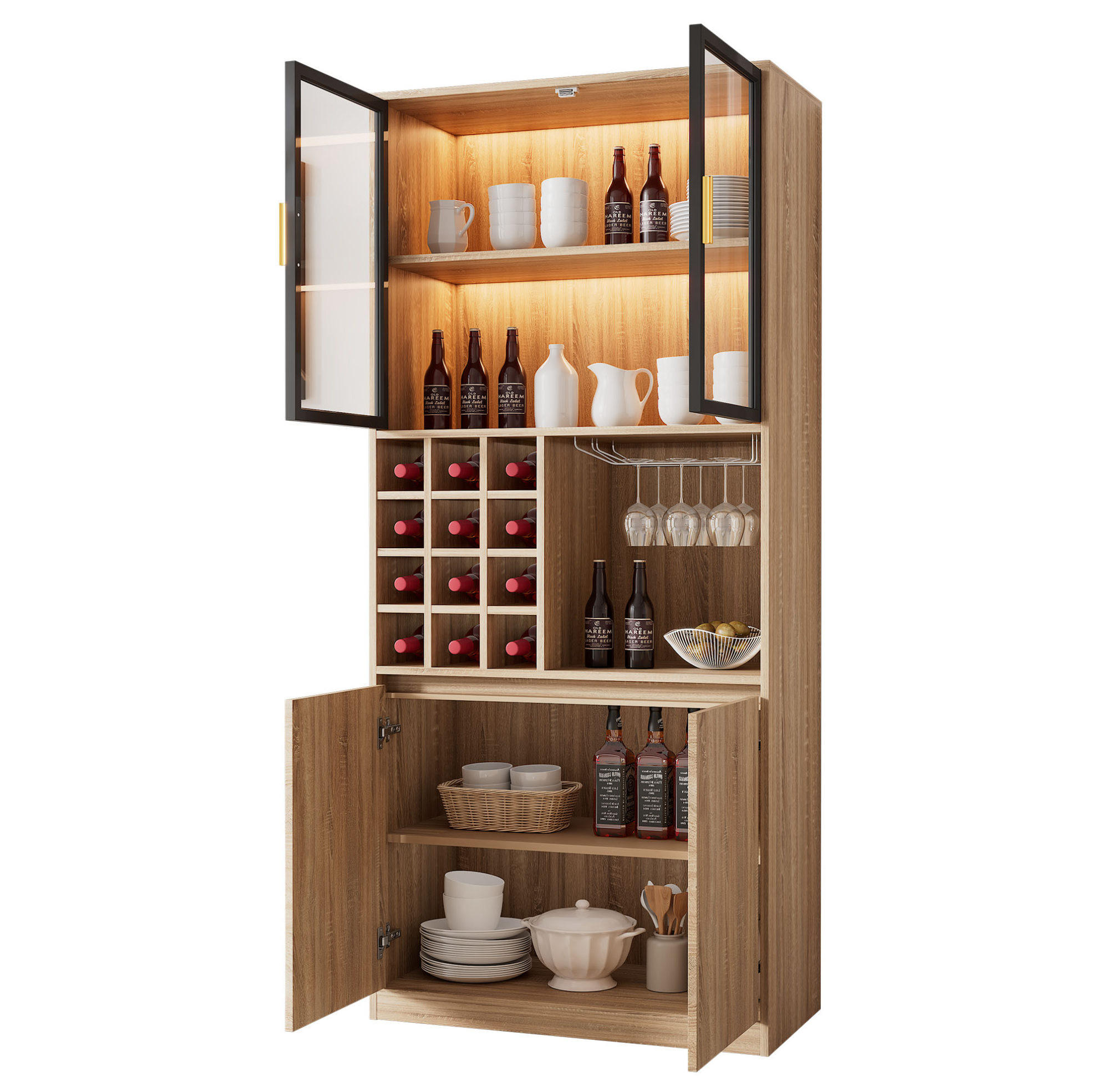 VITRINE Organizer 80x40x180 cm Naturfarben mit Glastüren & LED-Lichtleiste - Naturfarben, Holzwerkstoff (80/180/40cm) - Modfu