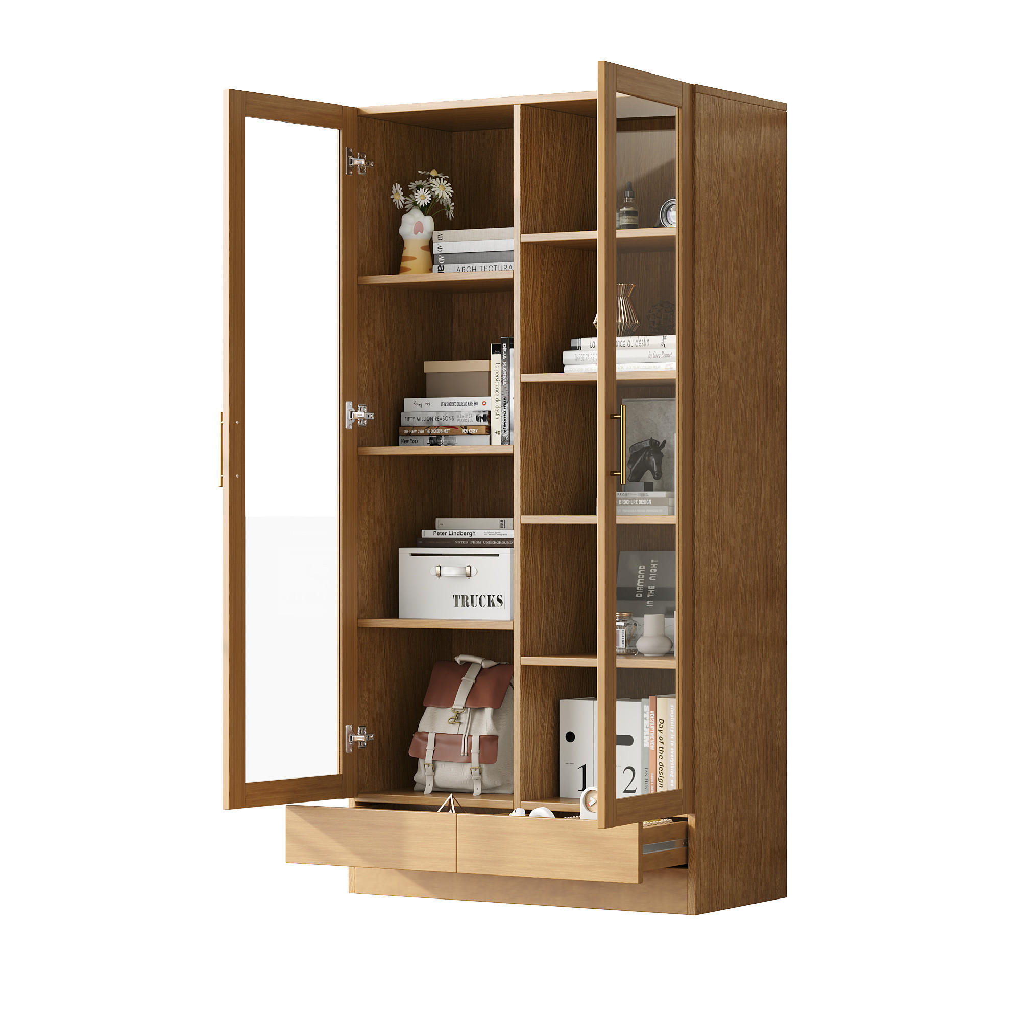 GLASVITRINE 80x40x160cm Holzfarbe Büroregal Push-To-Open-Schubladen - Naturfarben, Holz (40/160/80cm) - FLIEKS