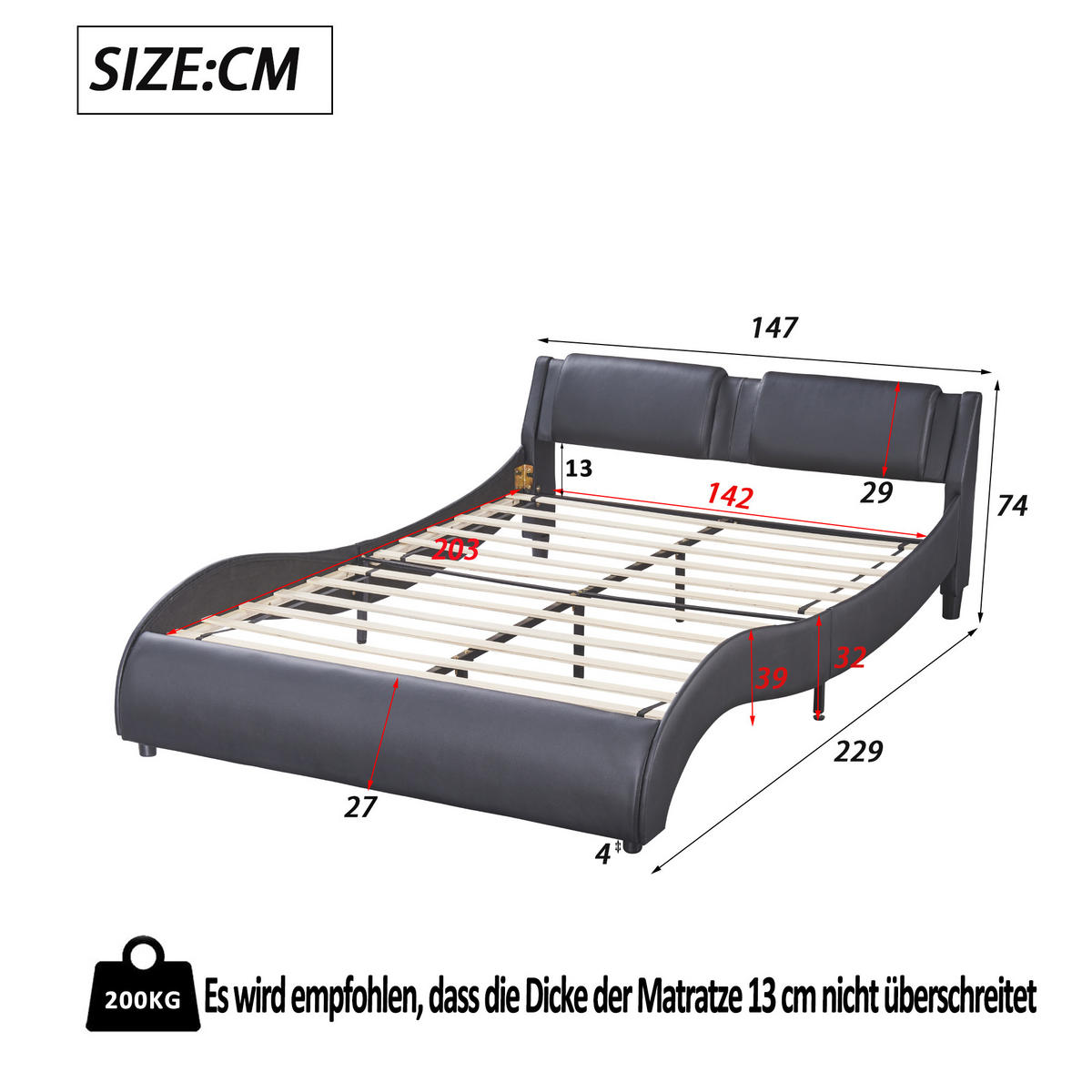 POLSTERBETT 140/200 cm Kunstlederbett mit LED-Beleuchtung und stabilem Rahmen Schwarz - Schwarz, Kunststoff (140/200cm) - OKWISH