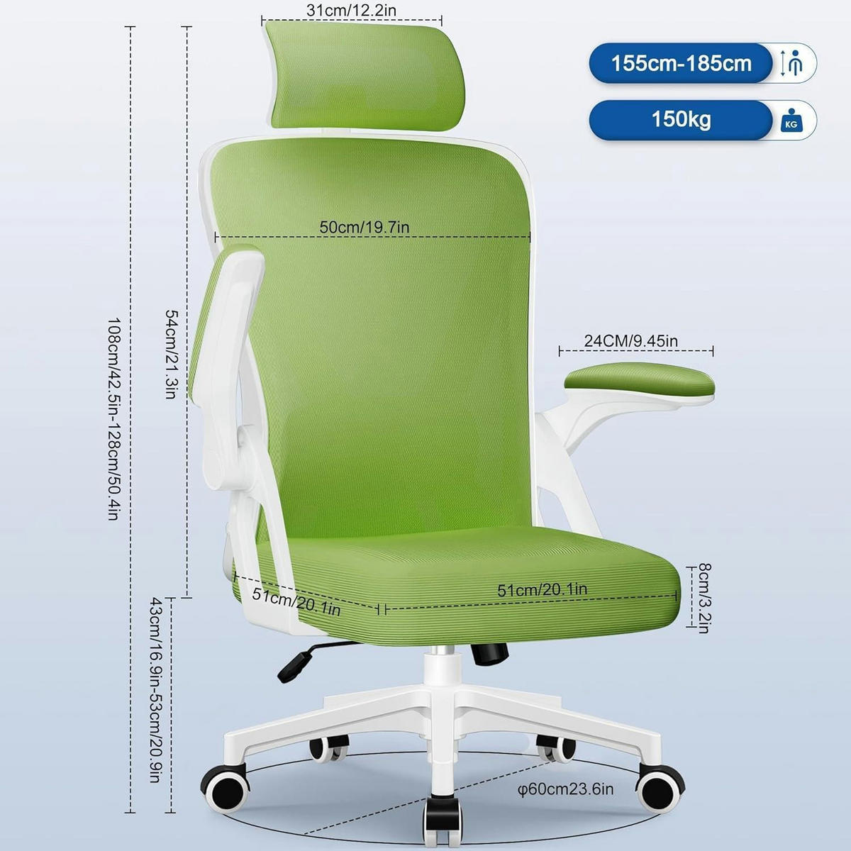 BÜROSTUHL Ergonomisch mit Kopfstütze und Lendenwirbelstütze Grün - Grün, Textil (60/128/60cm)