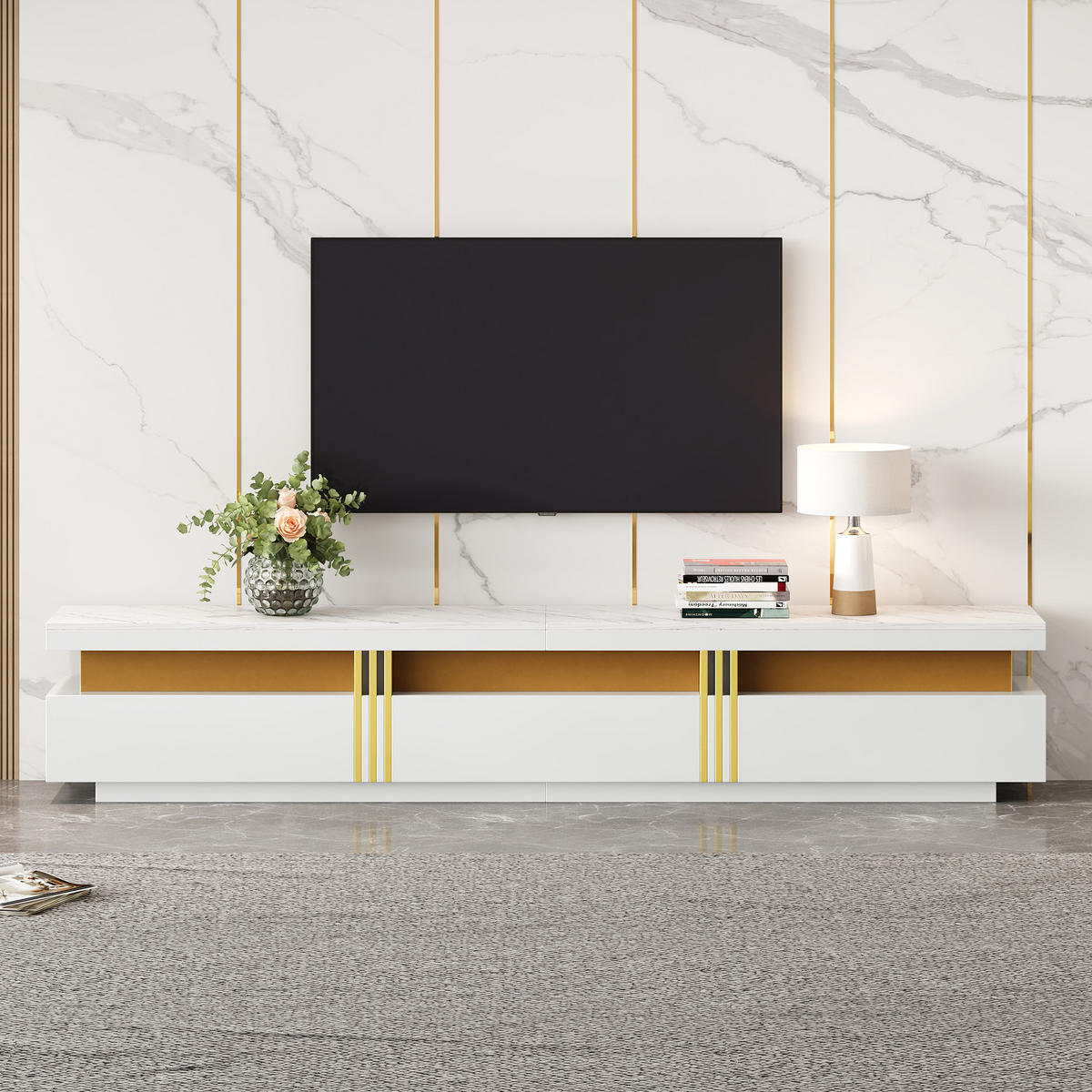 TV-ELEMENT 200/40/42 cm Marmoroptik mit 3 Schubladen und Kabelmanagement - Weiß, Holzwerkstoff (40/42/200cm) - Korfee