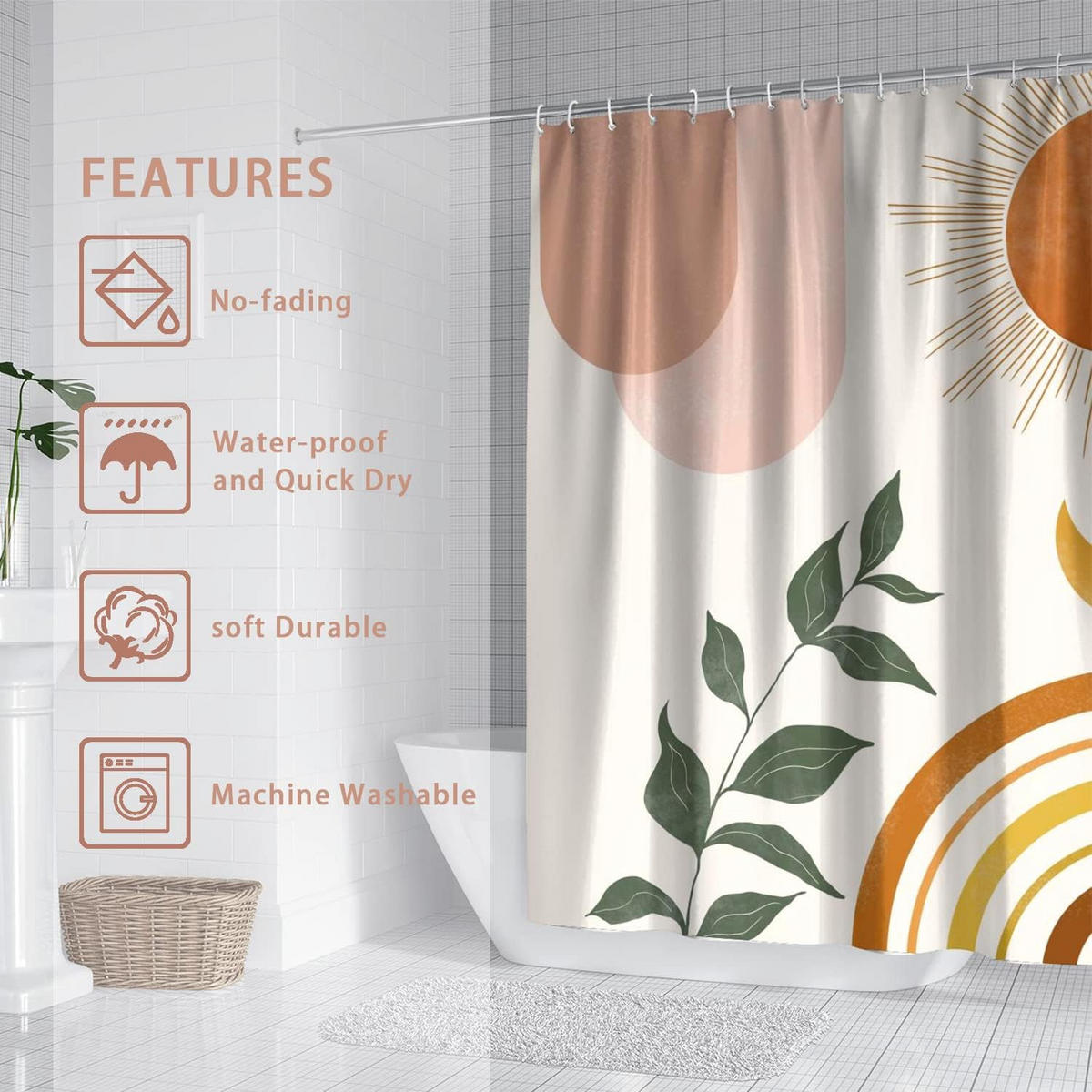 DUSCHVORHANG Orange Boho Mitte Blätter Muster 180 x 200 cm modern minimalistisch - Weiß, Textil (200/180cm) - MCBOSON