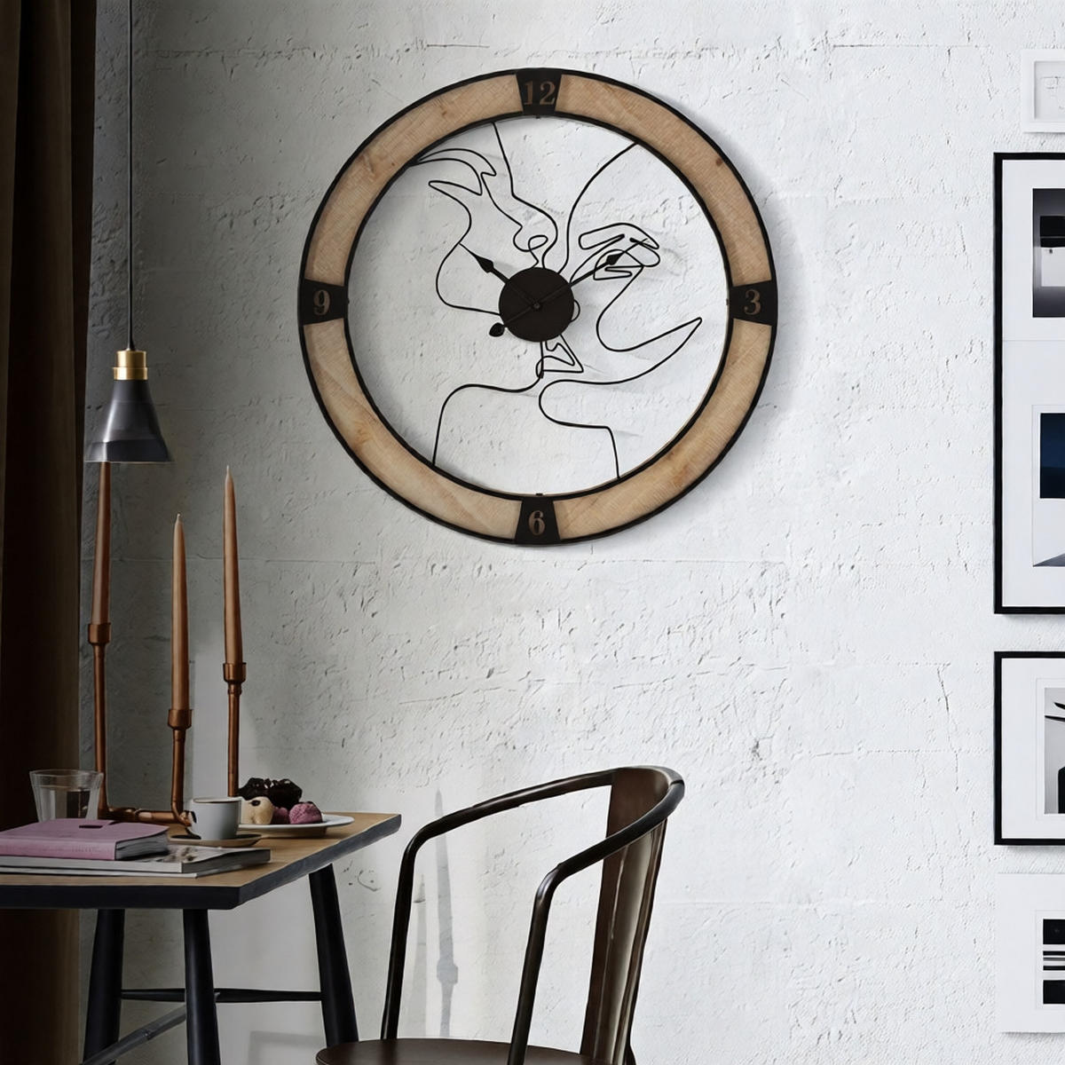 WANDUHR Couple, schwarz und naturfarben, Eisen und Holz, 60 x 3 x 60 cm - Schwarz/Braun, Holz/Metall (60/60/3cm) - Mauro Ferretti