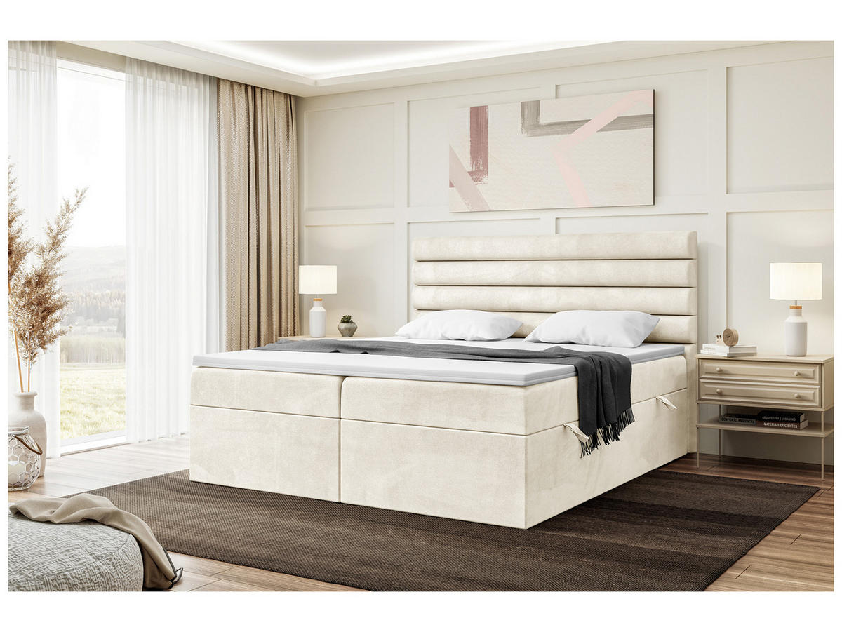 BOXBETT KARIM 160x200 cm in Creme Samt - Creme/Schwarz, Holz/Holzwerkstoff (160/200cm) - Meblini