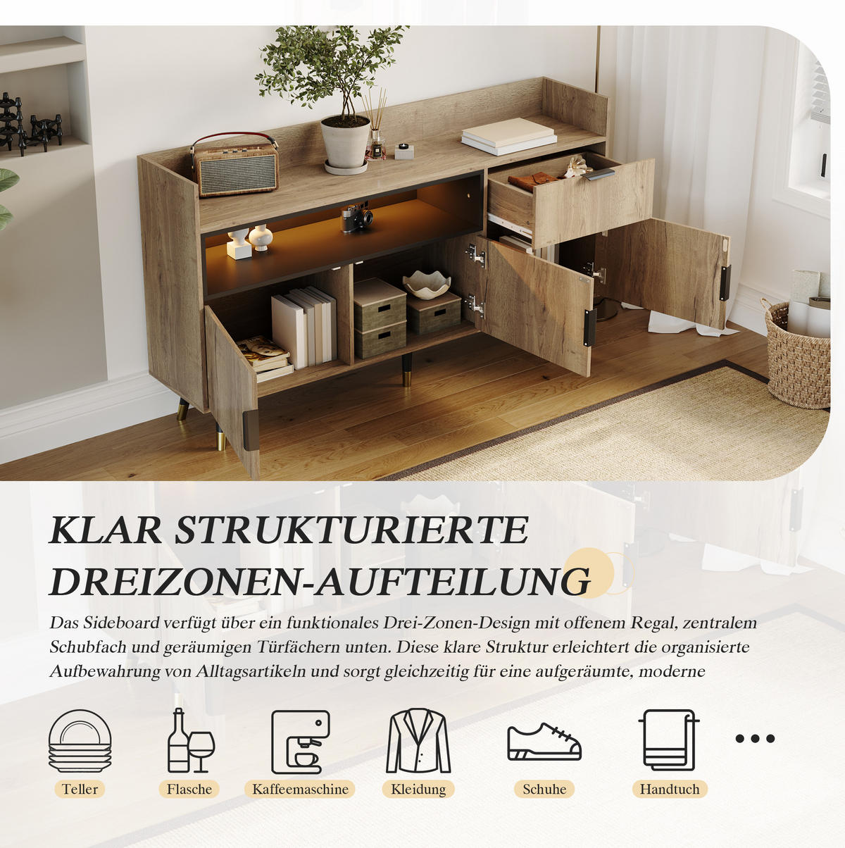 SIDEBOARD aus Holzwerkstoff 160x35x82 cm Natur mit LED-Beleuchtung, Schublade, offenen Fächern und Türfächern - Naturfarben, Holzwerkstoff (160/82/35cm) - Modfu
