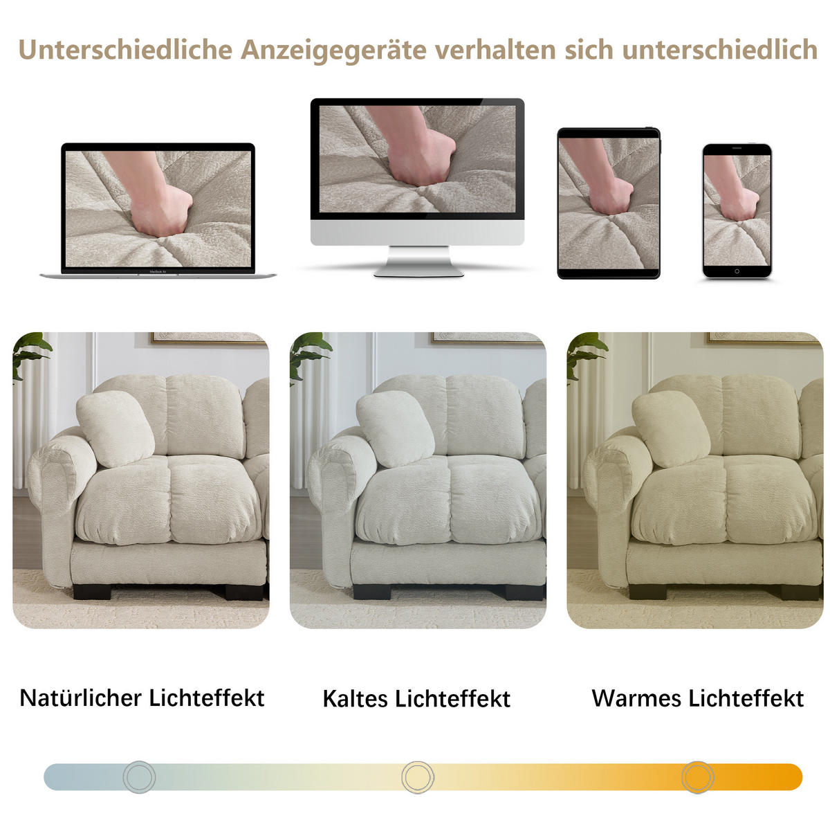 SOFA modular mit Steppnaht Chenille Light Khaki - Cappuccino, Textil (260/90/86cm) - IVMEU