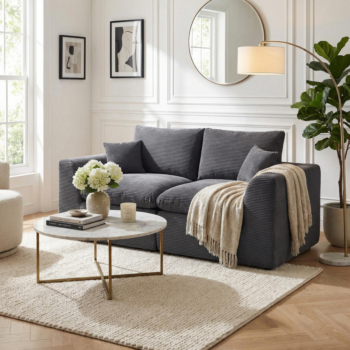 2-SITZER-SOFA XXL aus Cord mit Federkern-Polsterung Montagefrei - Dunkelgrau, Textil (204/84/102cm) - Urban Meuble