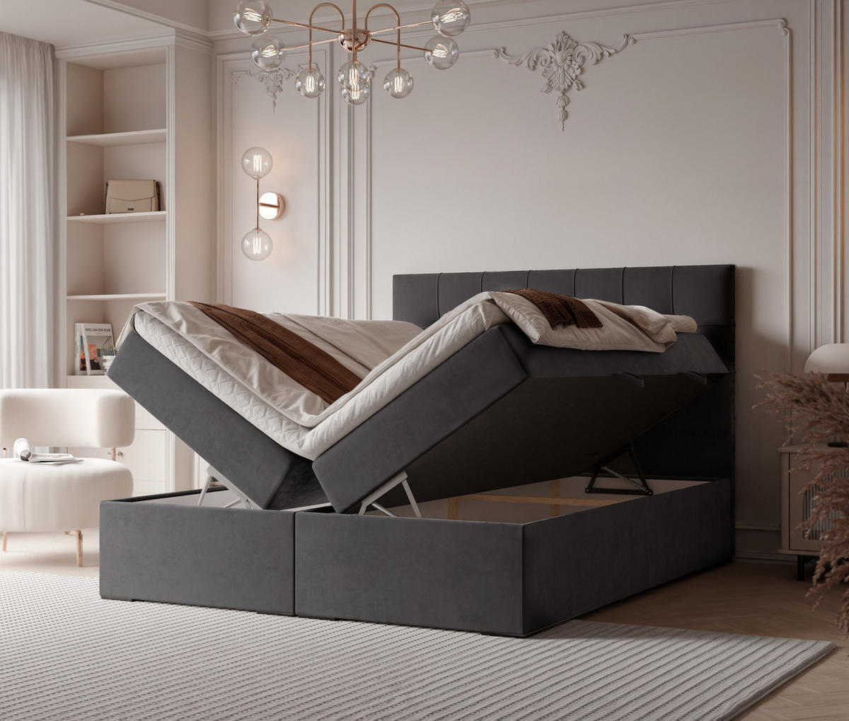 BOXBETT IMPERIAL 160/200 cm, in Grau, mit Matratze und Topper - Grau, Holzwerkstoff/Textil (160/200cm) - Idohome