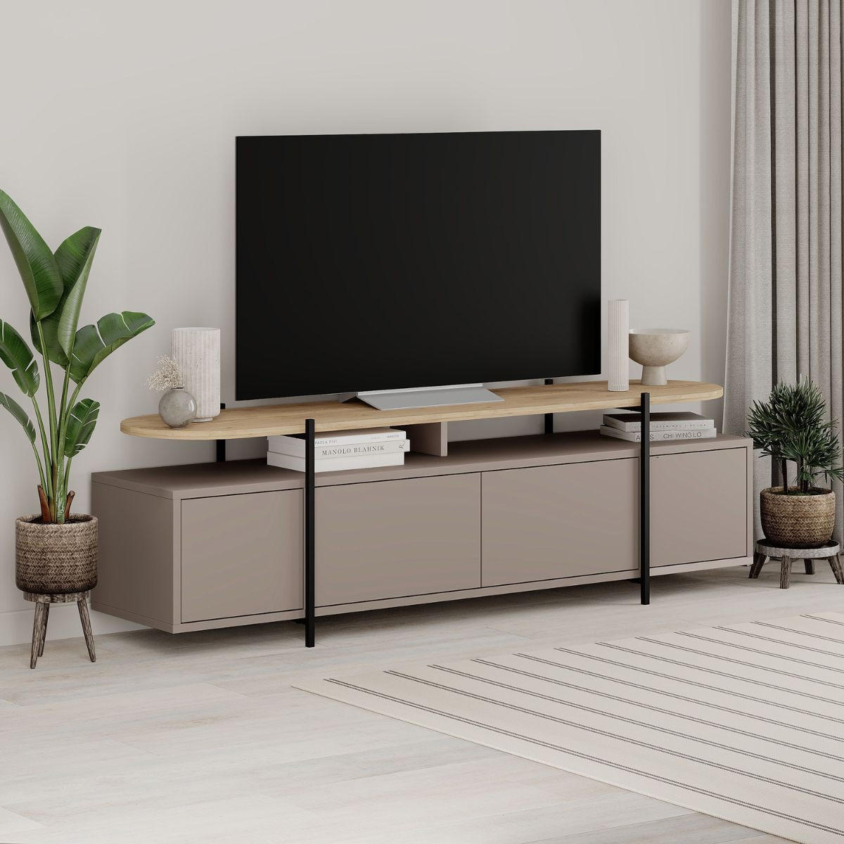 TV-MÖBEL mit 4 Türen und Metallfüßen L160 cm - Hinoa - Taupe, Holzwerkstoff (38.5/48/160cm) - Calicosy