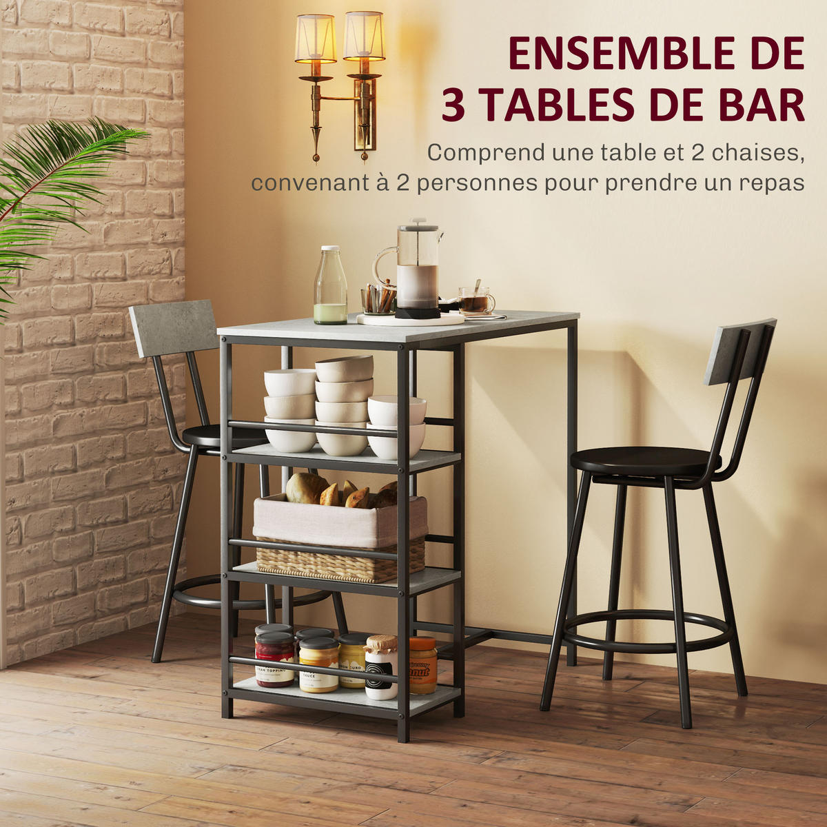 BARTISCH-SET DE-14753 mit 3 Ablagen & 2 Hockern Grau/Schwarz - Hellgrau, Holzwerkstoff (90/50/90.5cm) - ComfortXL