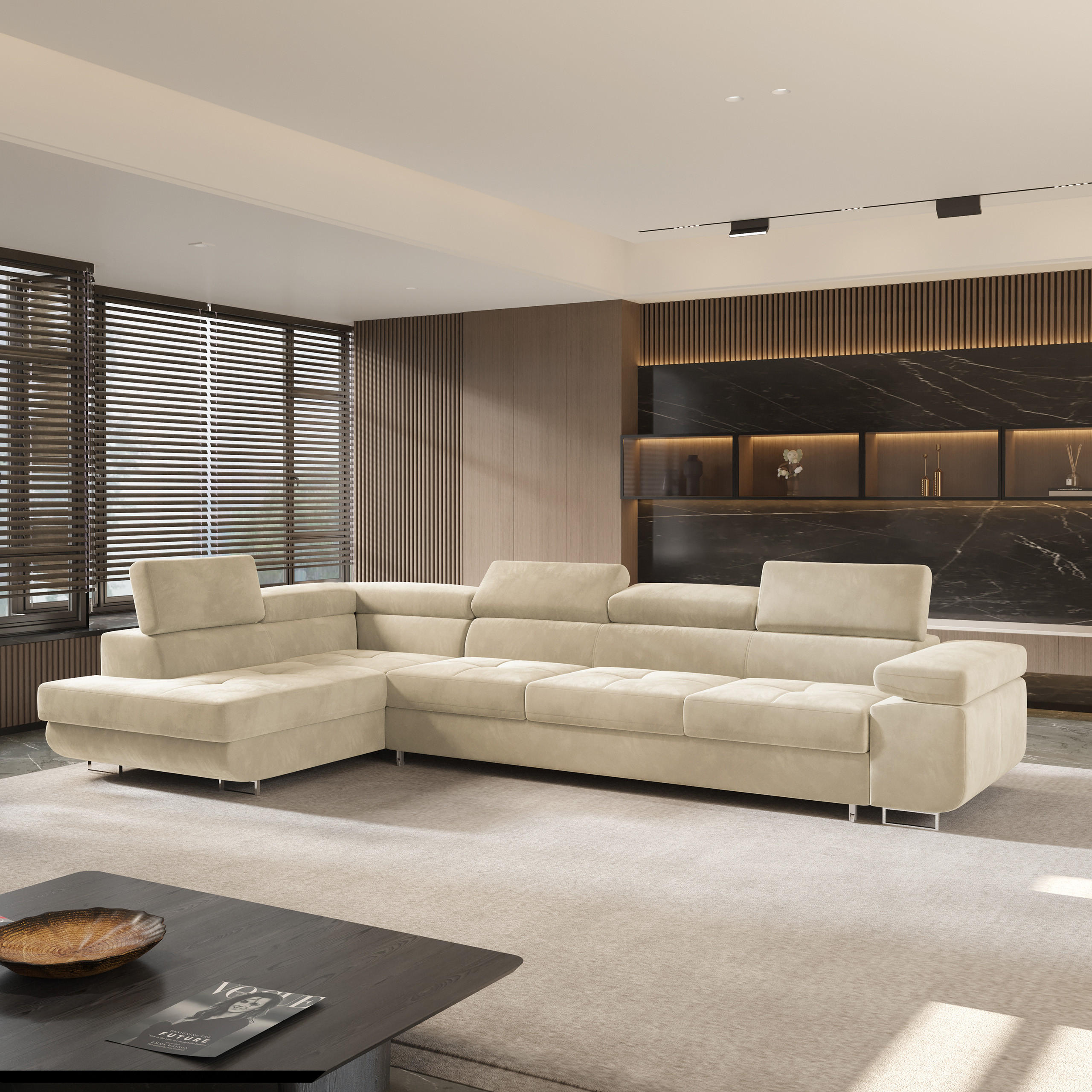 ECKSOFA VICENTE Creme Velours-Stoff mit Schlaffunktion - Creme, Holz (346/202cm) - MASSENO