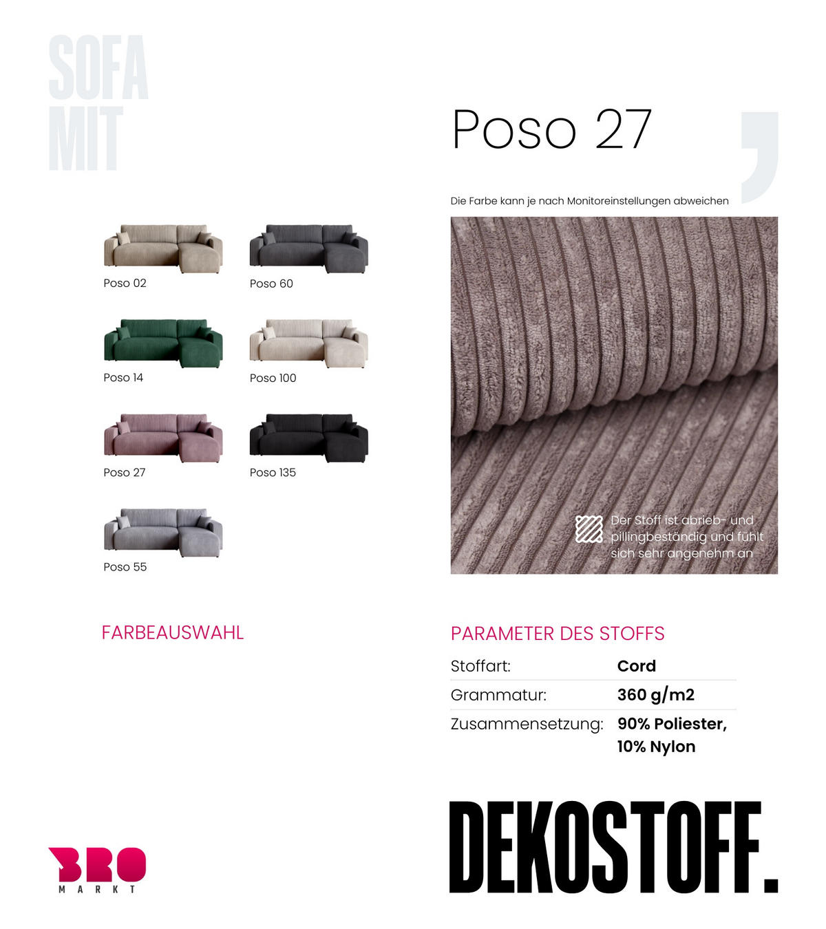 ECKSOFA PUMI mit Schlaffunktion Puderrosa Cord - Rosa, Textil (244/148cm) - Bromarkt