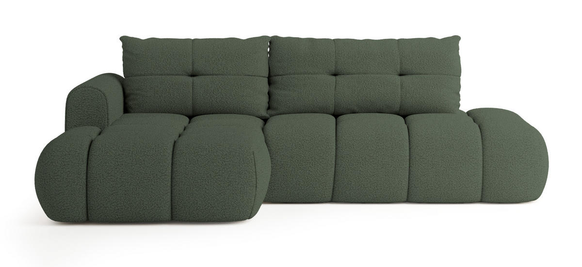 ECKSOFA FLUMA L-S Grün Boucle-Stoff mit Schlaffunktion - Grün, Holz (274/165cm) - MASSENO