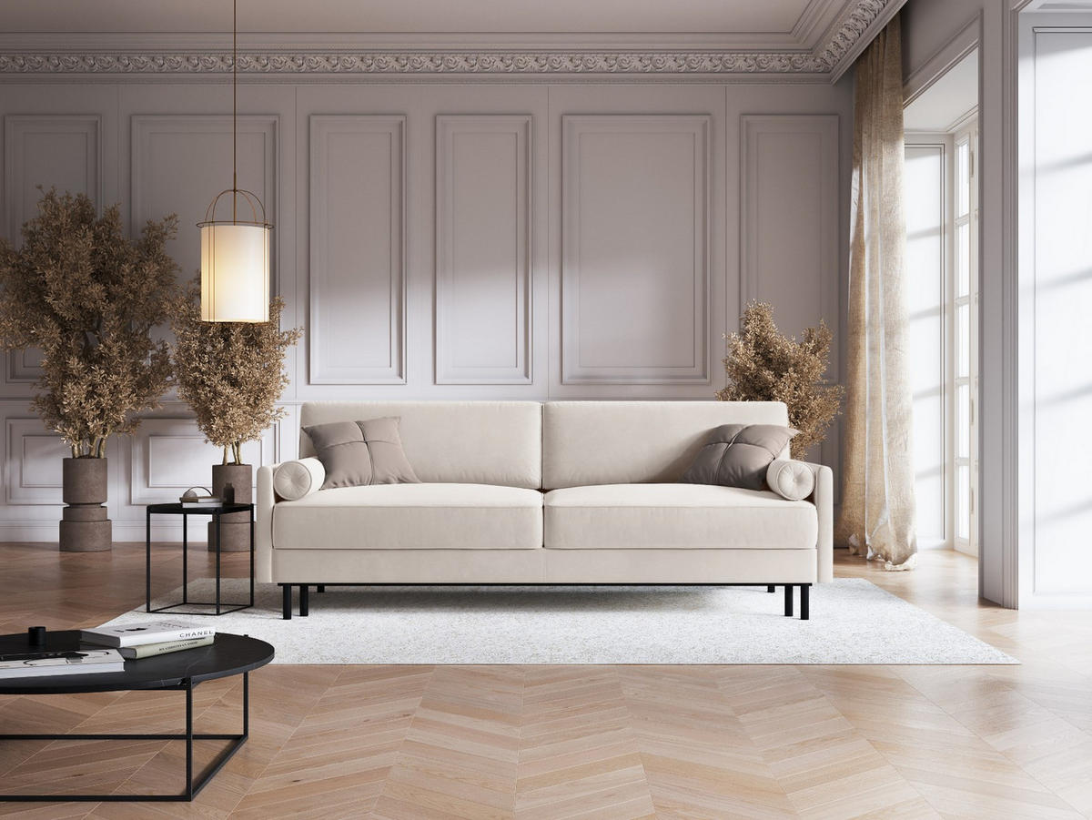 AUSKLAPPBARES-SOFA mit Bettkasten Scott aus Samt leichtes beige 3 Sitzplätze - Beige, Textil (97/87/212cm) - Micadoni