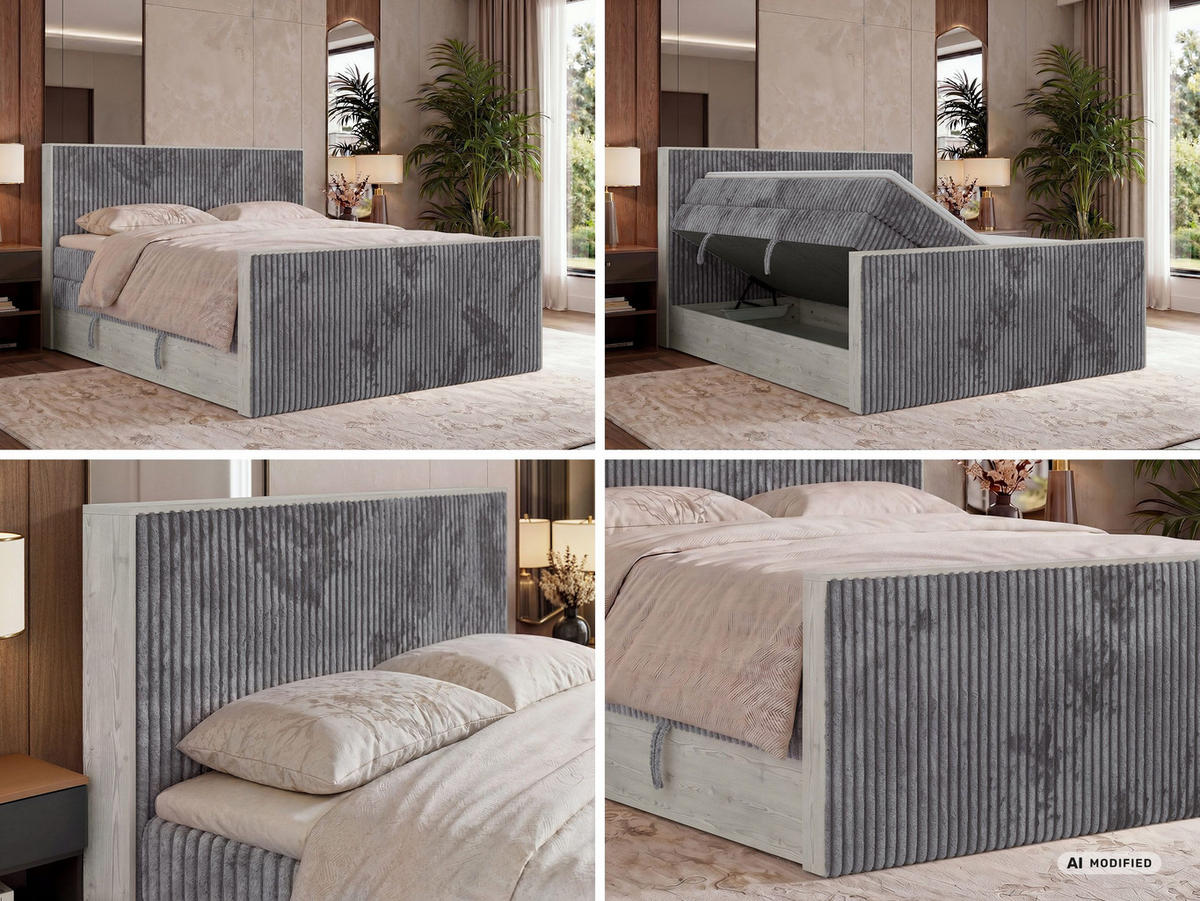 BOXSPRINGBETT NORDIC KING DUO 180/200 - Grau Cord - Topper T25 - H4 - Schwarz/Grau, Kunststoff/Textil (180/200cm) - MKS