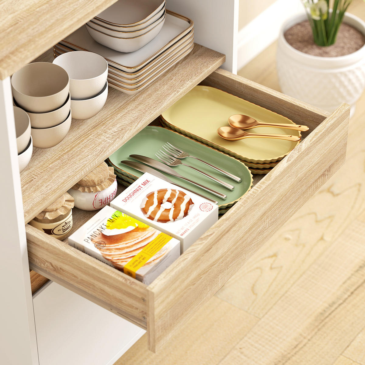 MIKROWELLENUNTERSCHRANK DE-11229 Mit Schublade Eiche/Weiß - Weiß, Holzwerkstoff (40/131/60cm) - ComfortXL