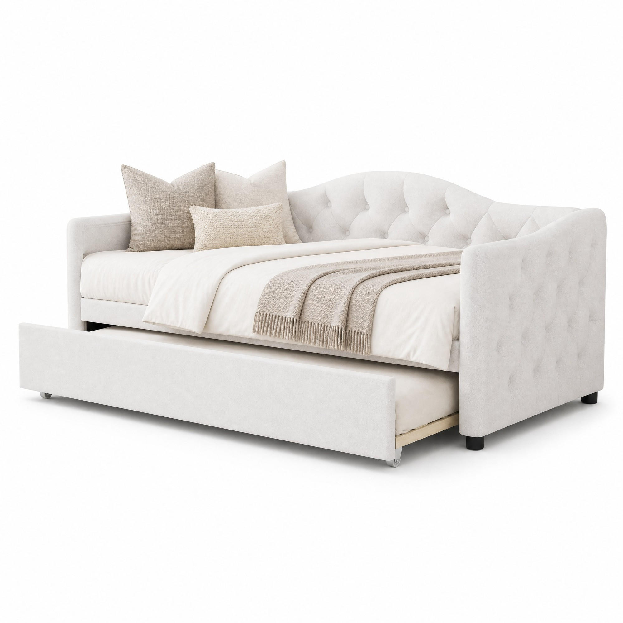 TAGESBETT mit Ausziehbett 90x200 cm Leinen Beige - Beige, Holz (90/200cm) - Meubliv