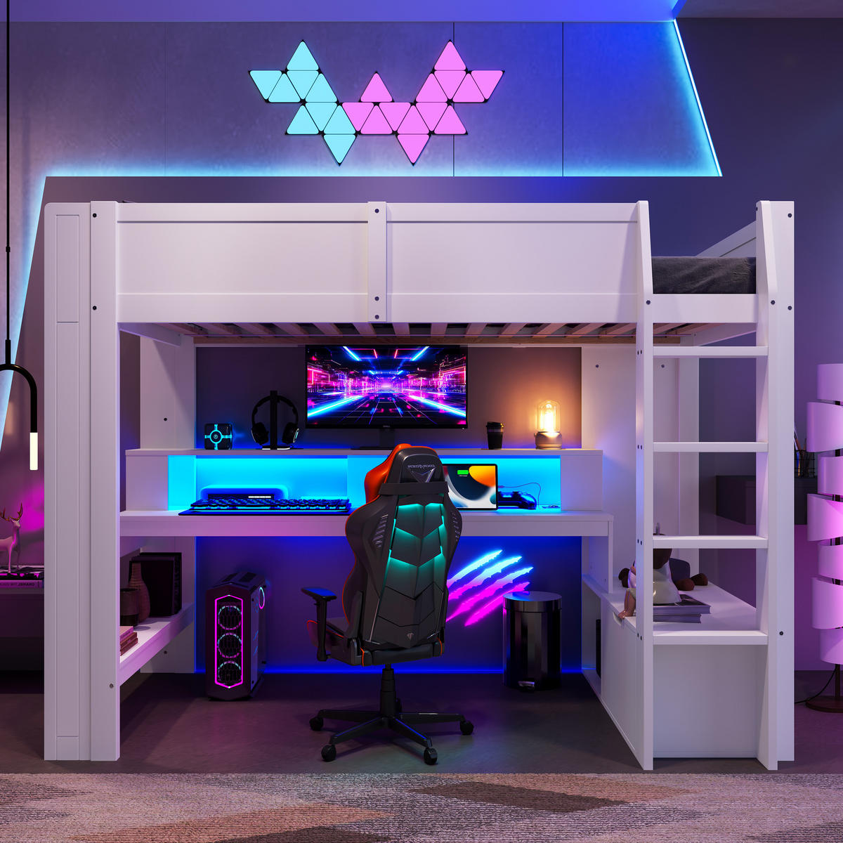 HOCHBETT 90x200cm Weiß Gaming Schreibtisch LED-Licht Schublade Regale - Weiß, Holz (90/200cm) - FLIEKS