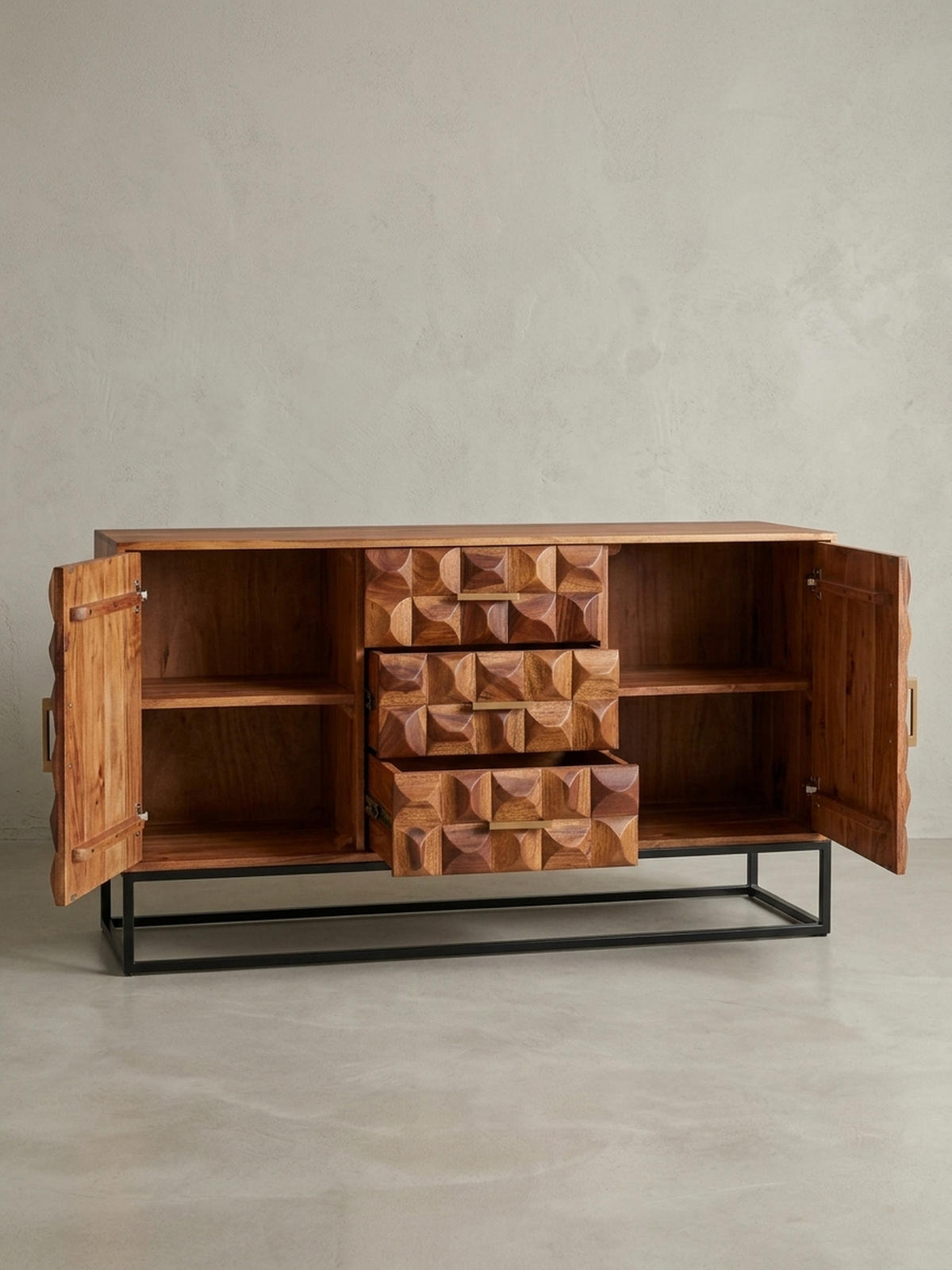 SIDEBOARD – Massivholz, 145x81x45 cm, Industrial-Stil, Metallgestell - Schwarz/Braun, Holz/Metall (145/81/45cm) - KADIMA DESIGN