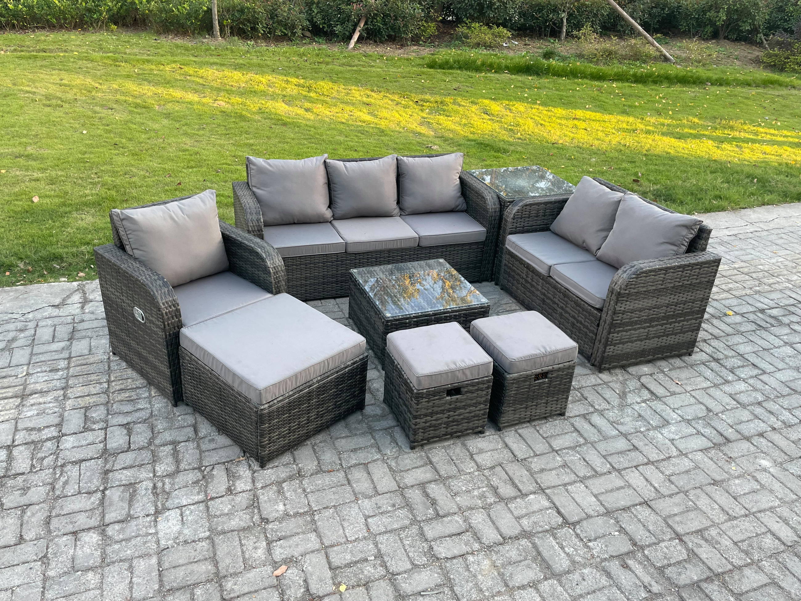 GARTENTISCHGRUPPE Polyrattan Dunkelgrau 8-teilige - Dunkelgrau/Grau, Glas/Kunststoff - Fimous