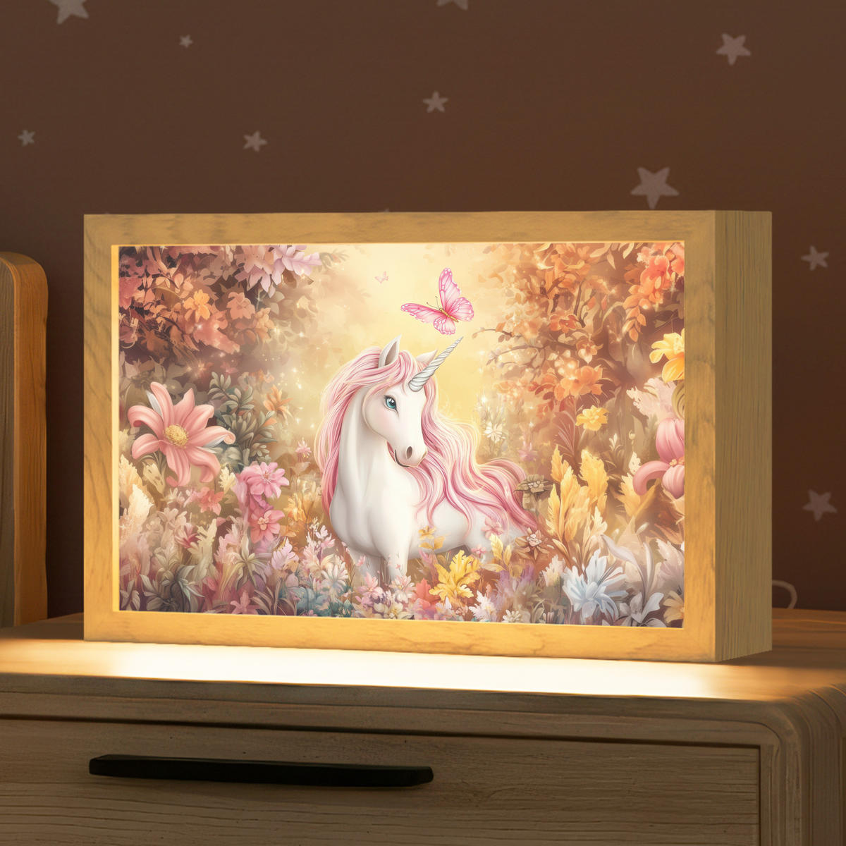 NACHTTISCHLAMPE Einhorn - Blumen - Schmetterling - Rosa 30x20 cm - Beige, Holzwerkstoff (8/30/20cm)