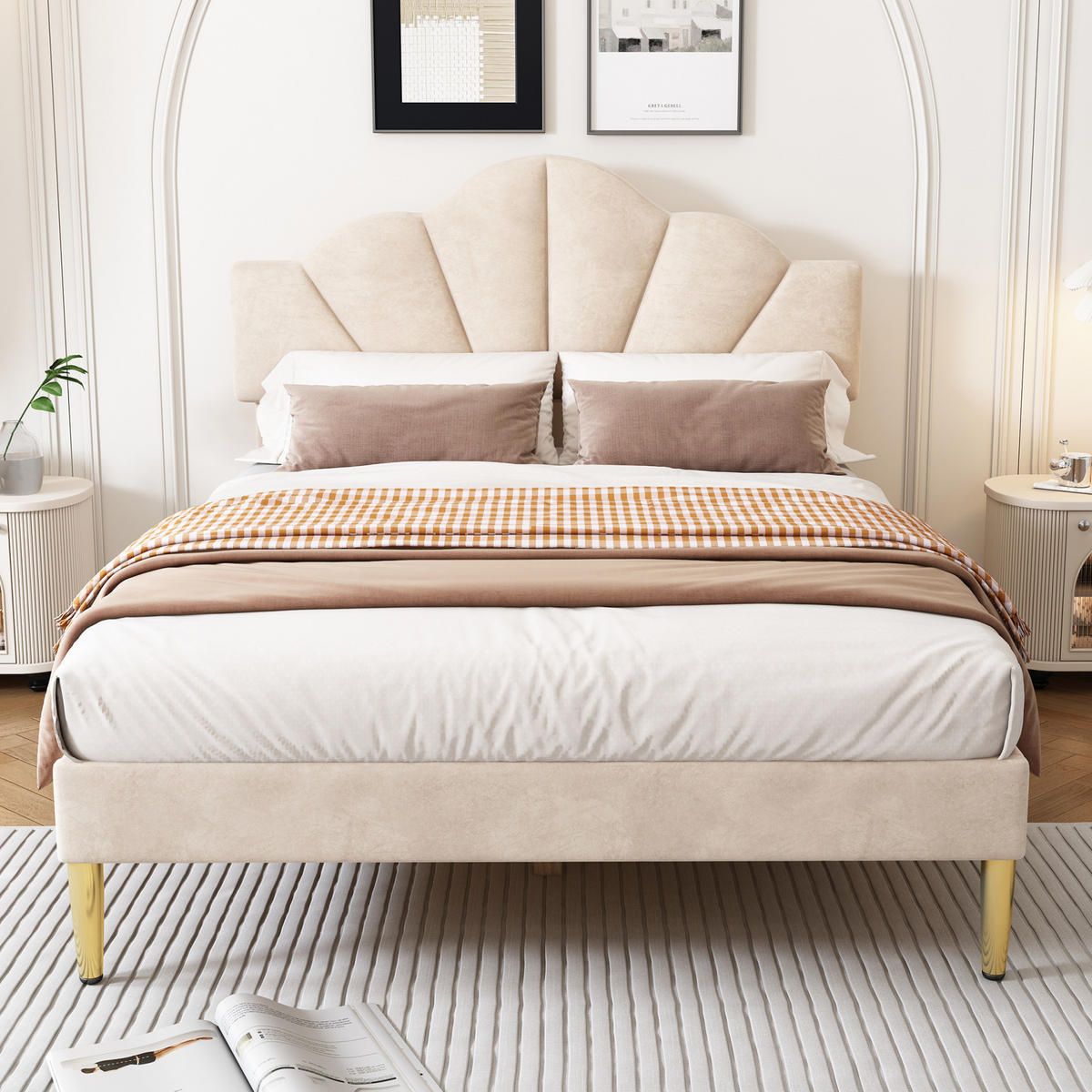 SAMT-POLSTERBETT 140/200 cm in Beige mit verstellbarem Kopfteil - Beige, Textil (140/200cm) - BEAOK