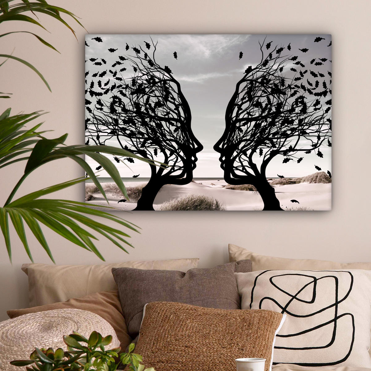 LEINWANDBILD Strand - Meer - Menschen - Baum - Moderne Kunst Wandbilder 80x60 cm - Hellgrau, Textil (80/60cm) - MuchoWow