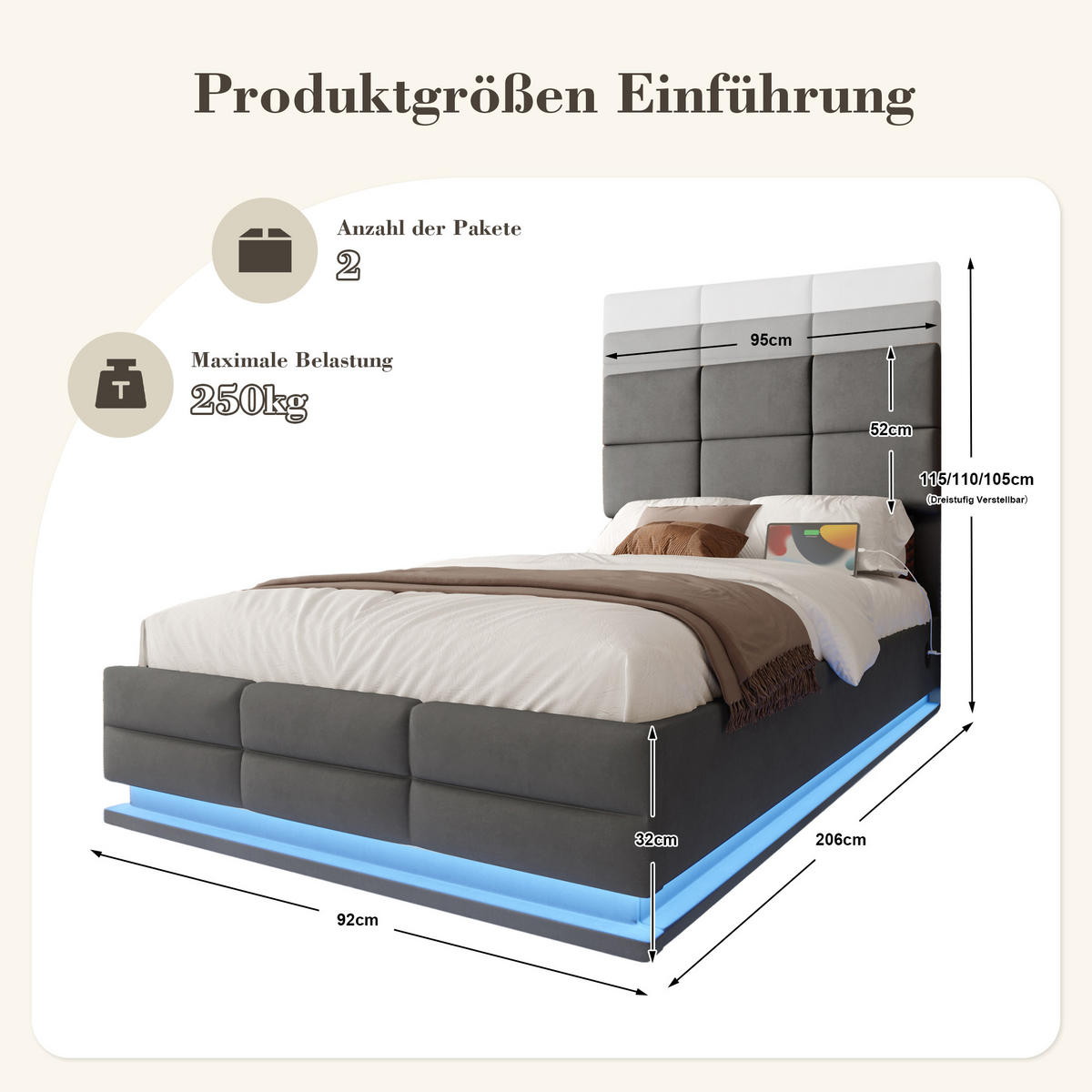 POLSTERBETT 90/200 cm in Dunkelgrau Samt mit Bettkasten, LED und USB - Grau, Holzwerkstoff/Textil (90/200cm) - WISHDOR
