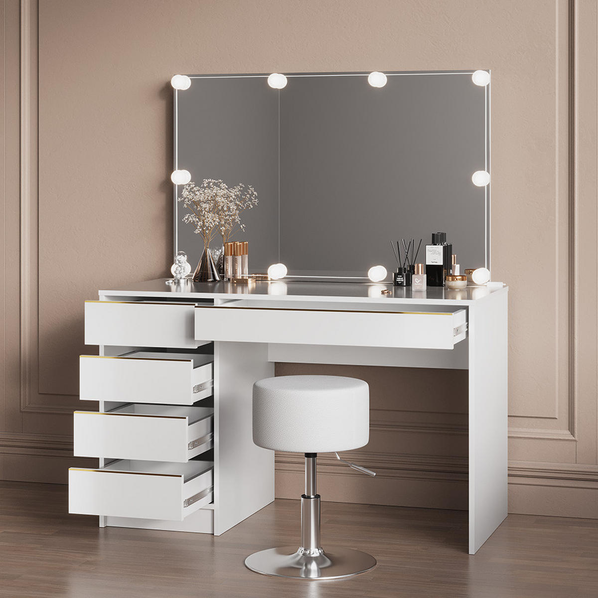 SCHMINKTISCH Imola Weiß/Gold 120 cm mit Hocker - Goldfarben/Weiß, Holzwerkstoff (120/75/55cm) - Livinity®