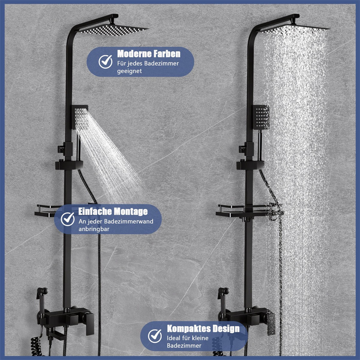 DUSCHSET mit Thermostat-Effekt - Duschsystem 4-in-1 mit Regendusche und Bidet-Sprühpistole - mit Handbrause - Schwarz - Schwarz, Metall (20/105/16cm) - DELFA