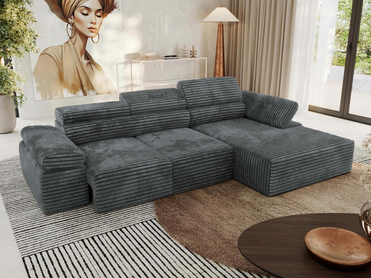 ECKSOFA RILASSO L Dunkelgrau Cord - rechts - Dunkelgrau/Schwarz, Kunststoff/Textil (174/296cm) - MKS