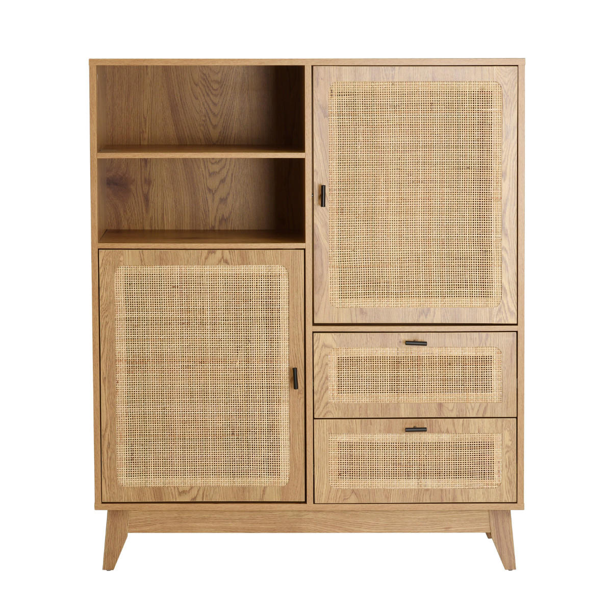 HOHES ANRICHTE 2 Türen 2 Schubladen mit Rattan-Fronten 40/120/100 cm - Eschefarben, Holzwerkstoff (40/120/55cm) - Calicosy