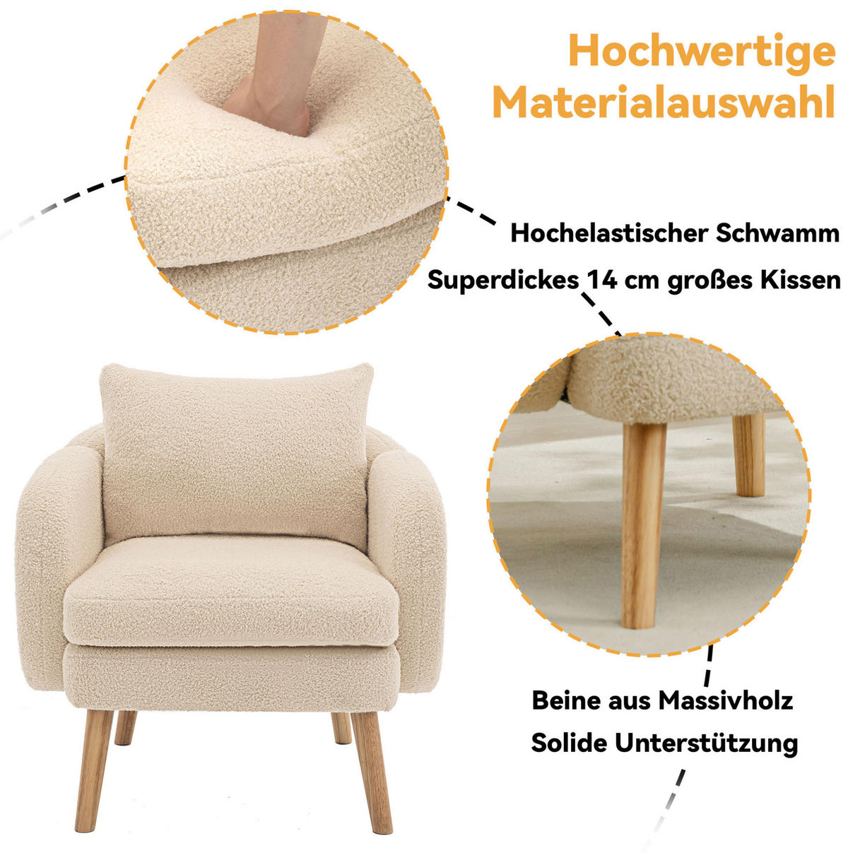 SESSEL 71/72/71 cm in Beige aus Teddy-Samt mit Kissen - Beige, Textil (72/71/71cm) - Flora Grace