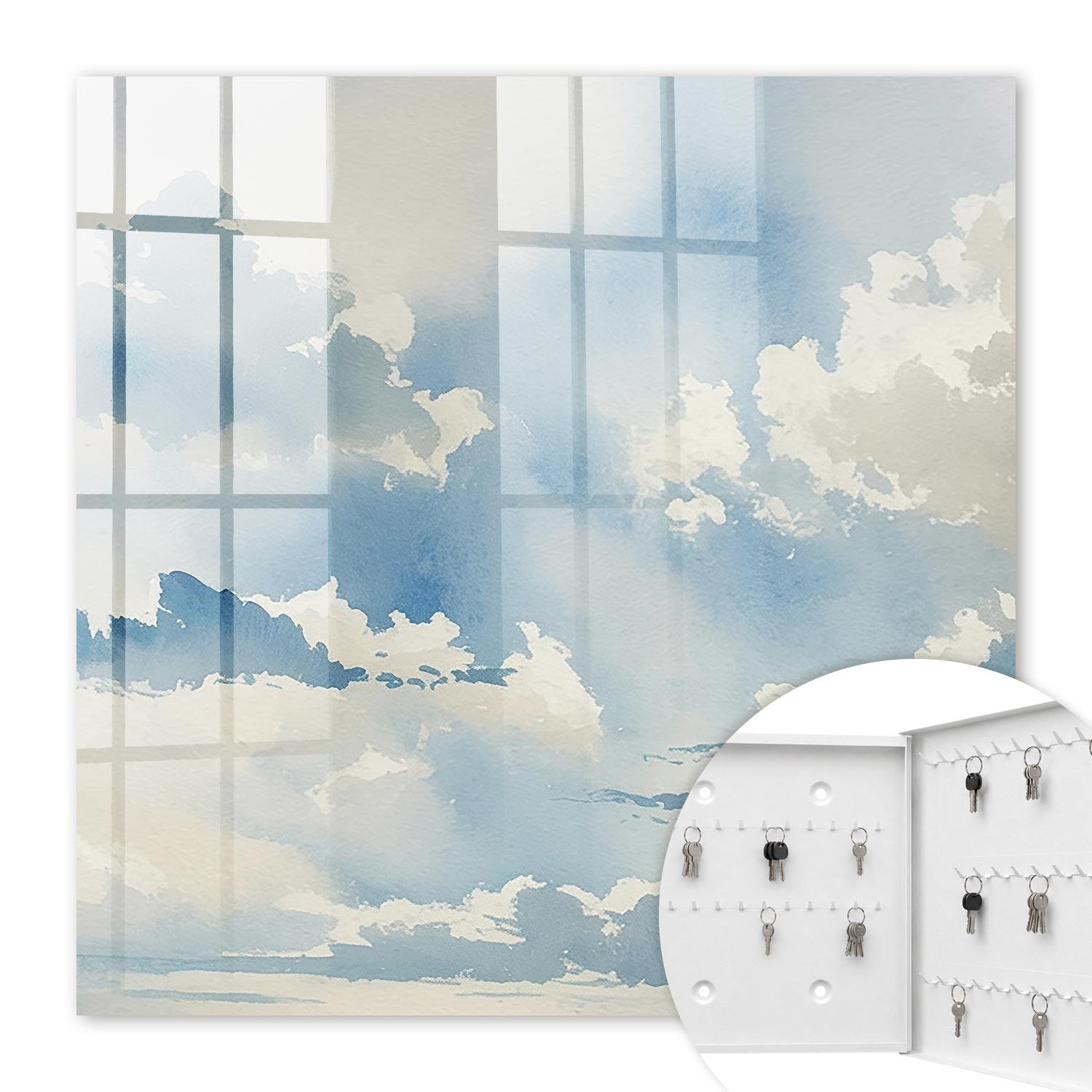 SCHLÜSSELBOX Weiß 30x30 cm – Türöffnung nach rechts - Wolken am Himmel - Blau, Metall (30/30/5cm) - TULUP