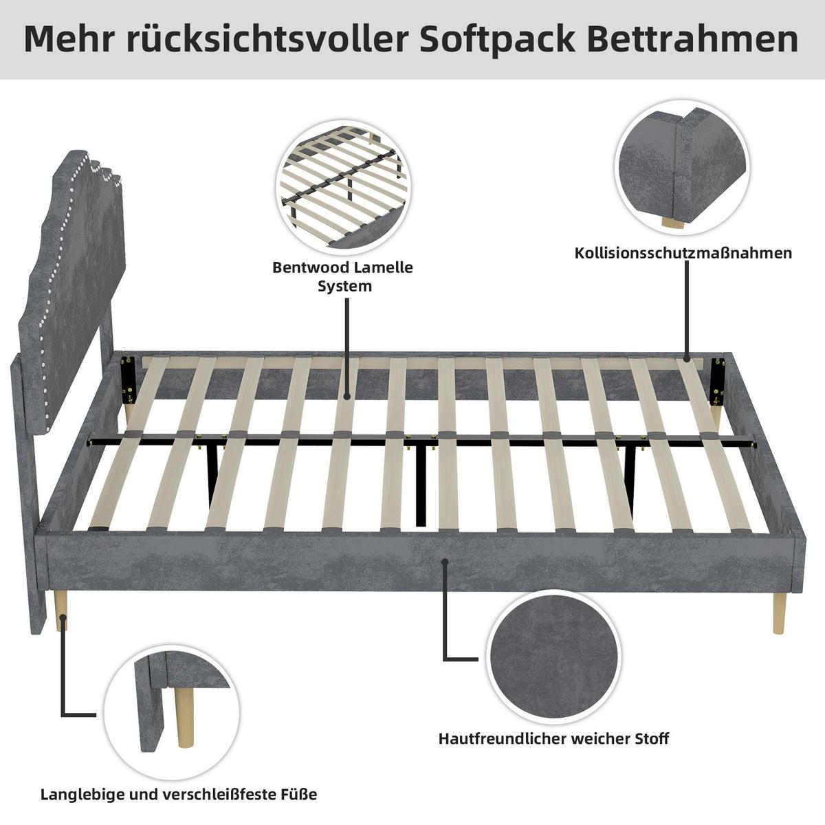 POLSTERBETT 140x200 cm Samt ohne Stauraum grau - Grau, Textil (140/200cm) - LEBENLANG