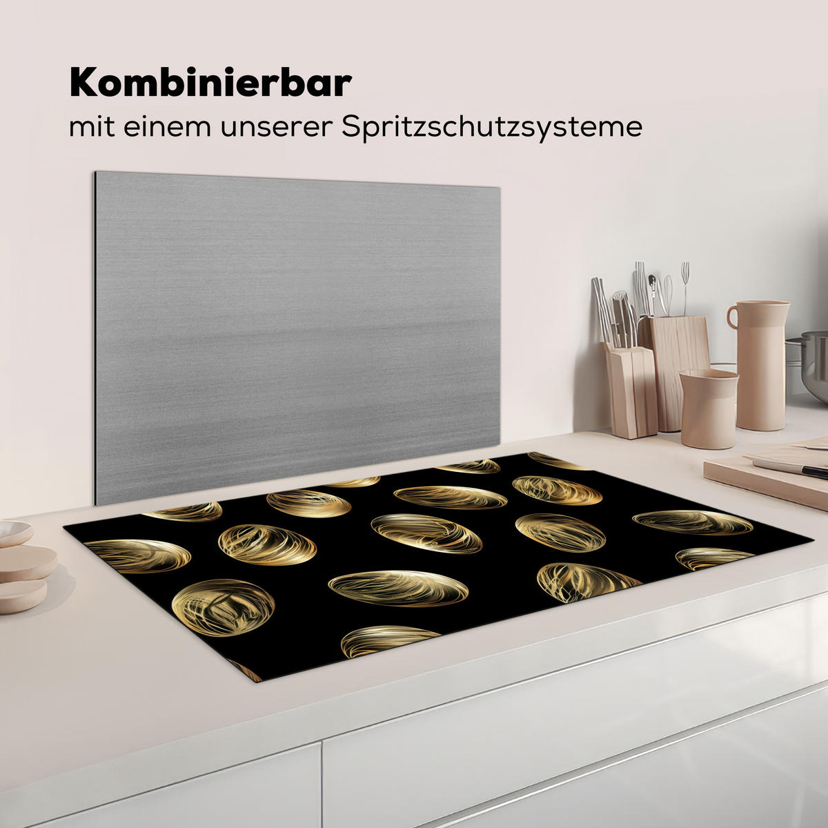 HERDABDECKPLATTE Eier - Gold - Muster Ceranfeldabdeckung 90x52 cm - Schwarz, Kunststoff (90/52/0.2cm) - MuchoWow