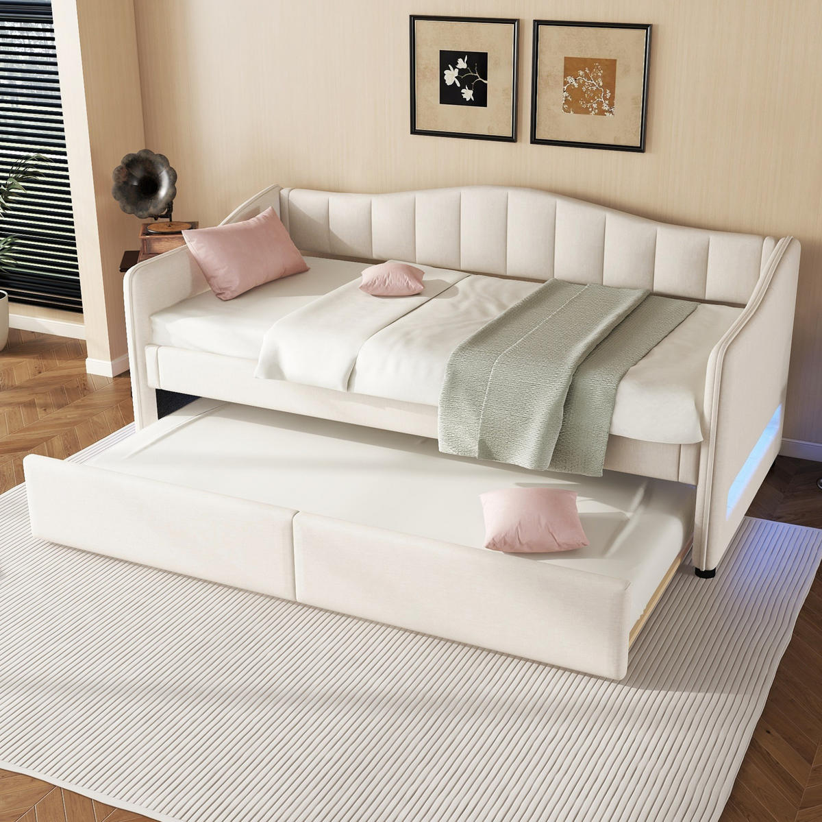 TAGESBETT 90/200 cm mit ausziehbarem Rollbett und LED-Beleuchtung, Leinenbezug, Beige - Beige, Textil (90/200cm) - Redom