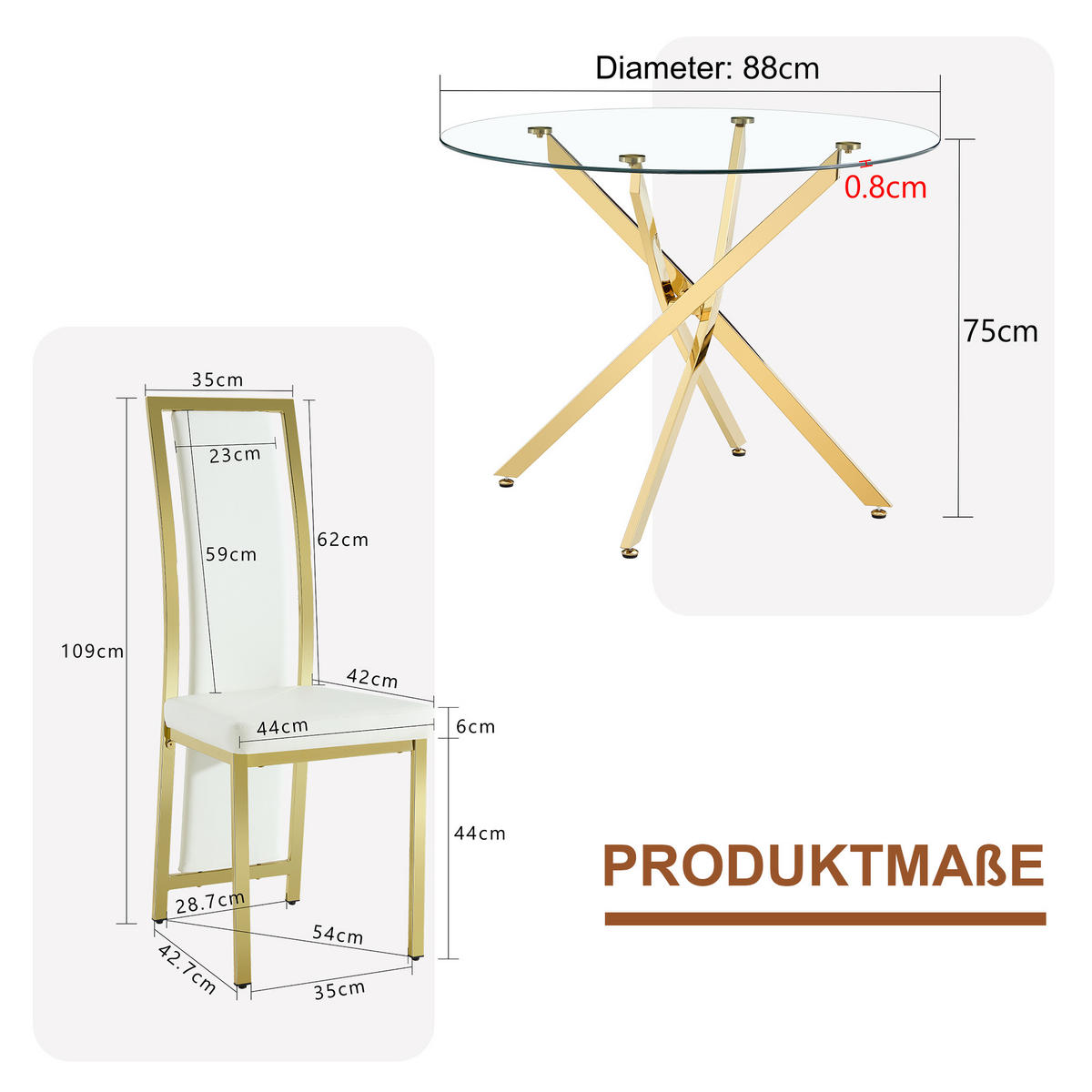 ESSGRUPPE DE-39460 5-teilig, Glastisch und 4 Stühlen mit Goldkante Weiß - Goldfarben/Weiß, Metall (88/75/88cm) - ComfortXL