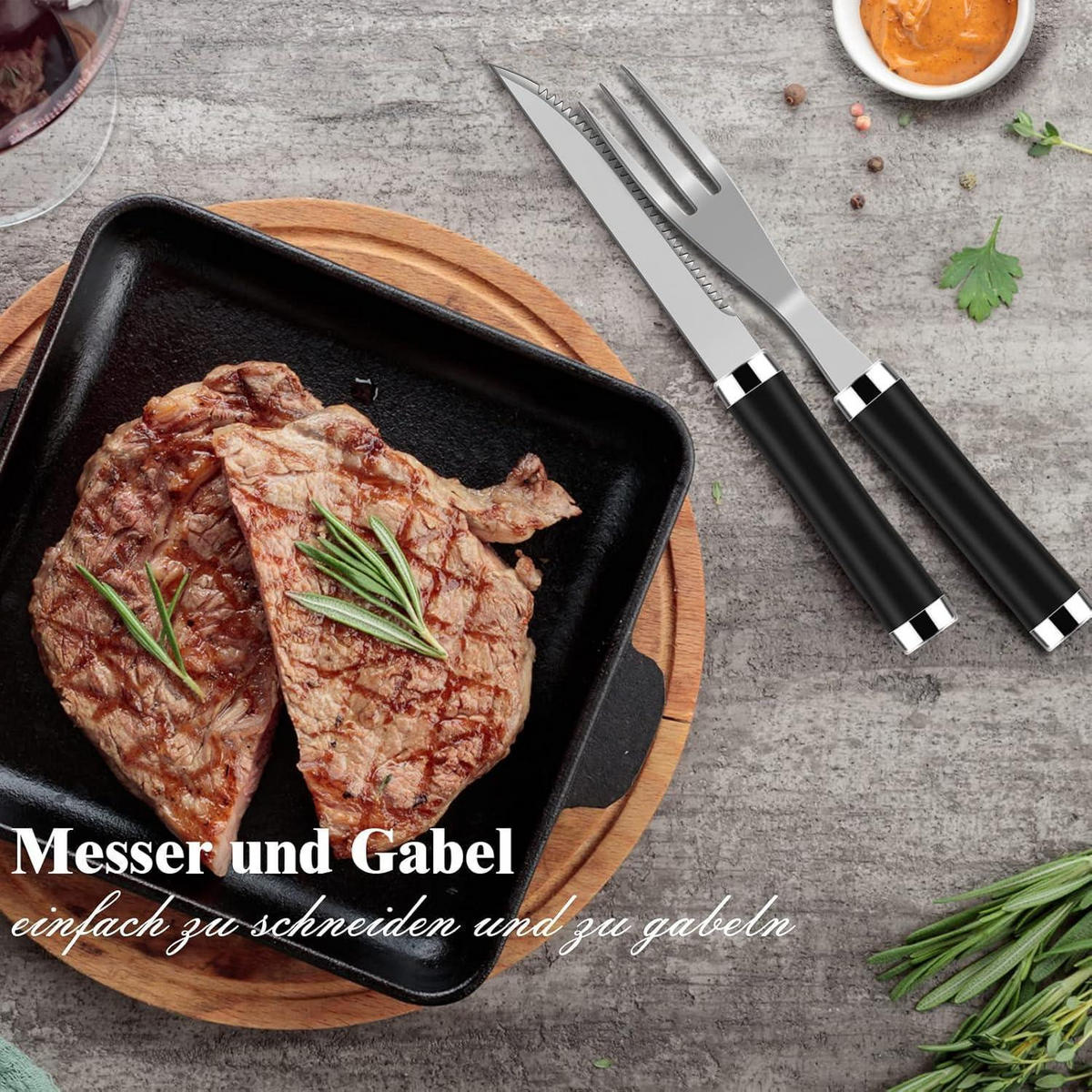 GRILLBESTECK Set 38-teilig Edelstahl mit Koffer und Grillmatte - Schwarz, Metall (39cm)