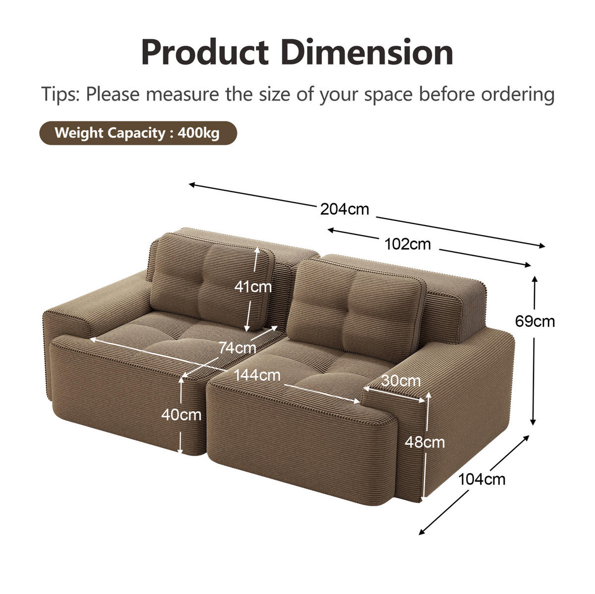 SOFA modular mit Tiefsitz 74 cm Cord Braun - Braun, Kunststoff (104/69/204cm) - Meubliv