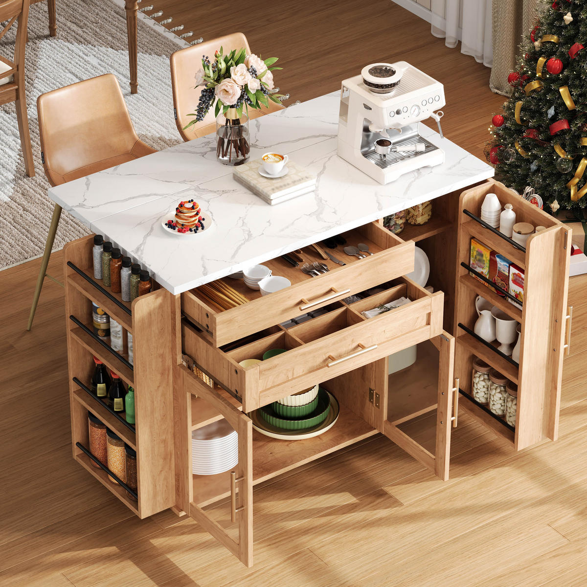 KÜCHENINSEL 120/70/90 cm Natürlich mit 2 Schubladen, Glastüren, Gewürzregal, 5 Rädern und klappbarer Arbeitsplatte - Naturfarben, Holz/Holzwerkstoff (138/90/70cm) - Oxeza