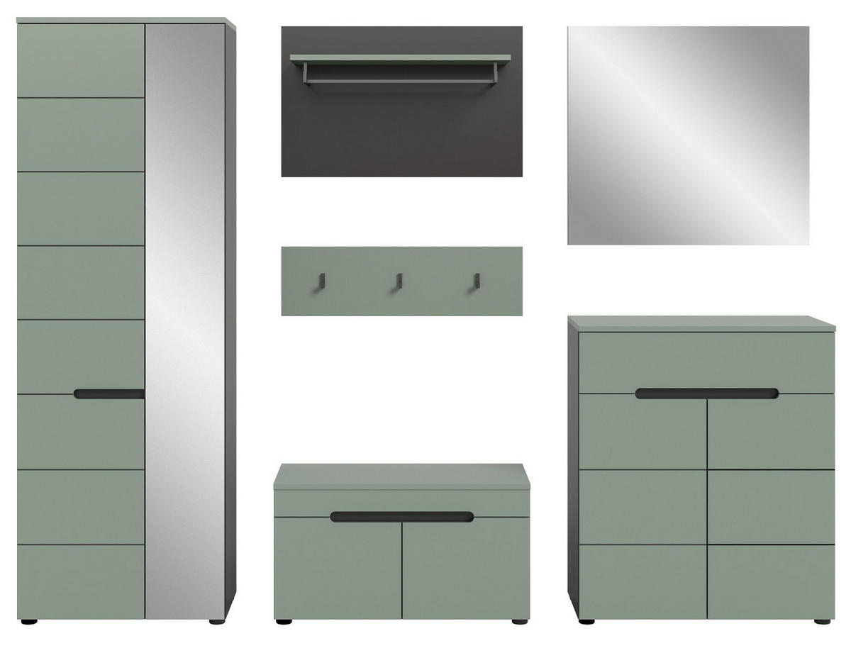 GARDEROBE SET 6-teilig Salbei Grün, Basalt Grau, Komplett-Set mit Soft-Close - Salbeigrün/Schwarz, Holzwerkstoff/Kunststoff (255/190/37cm) - Inn.Furn
