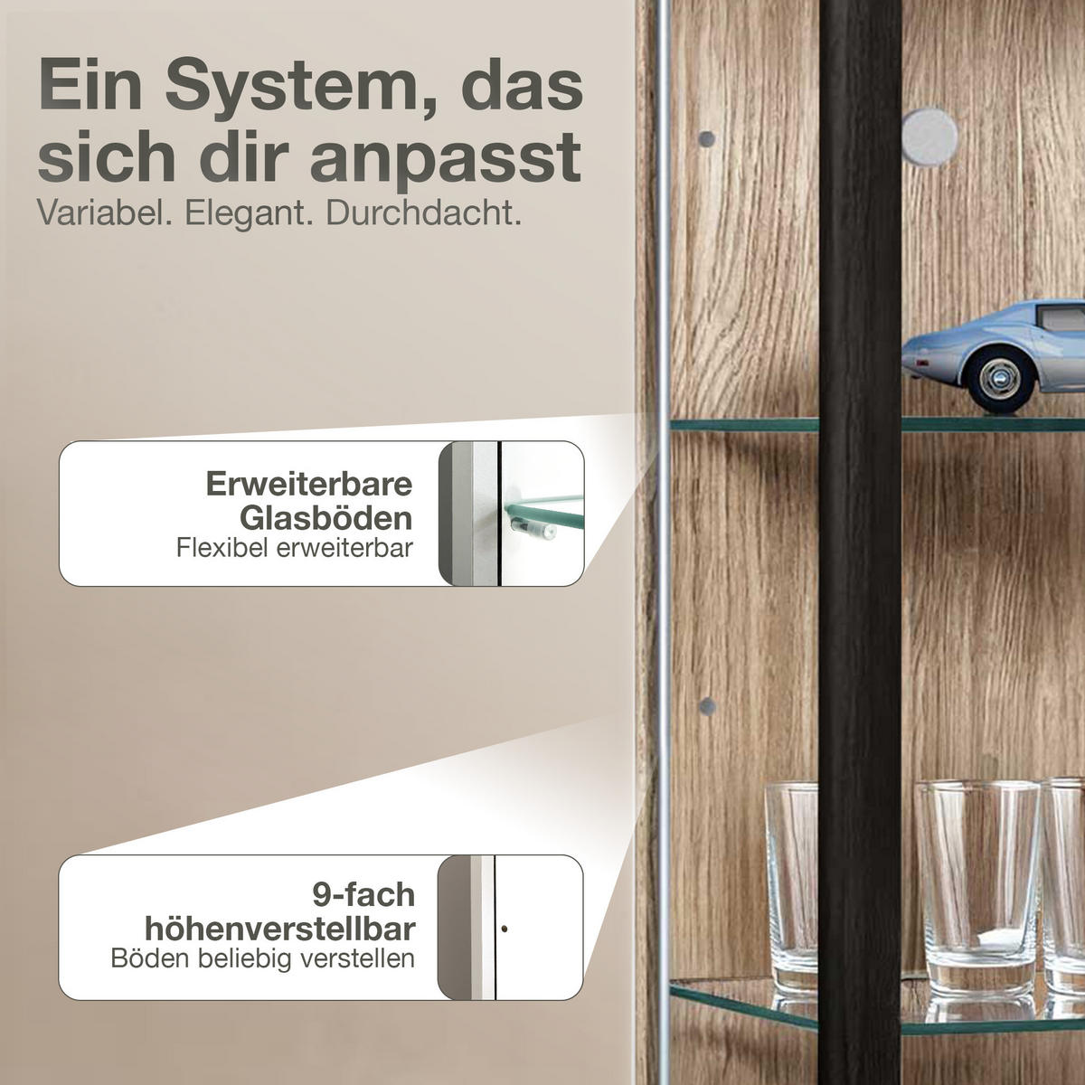 GLASVITRINE 33/37/176 cm mit LED & 4 höhenverstellbaren Glasböden - Transparent/Silberfarben, Glas/Holzwerkstoff (37/176/33cm) - K-Möbel
