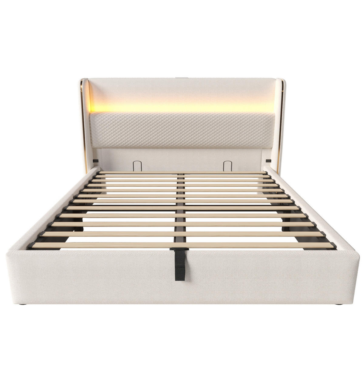 POLSTERBETT 140/200 cm mit LED-Beleuchtung, USB/Type-C, hydraulischem Bettkasten und Leinenbezug und Matratze, Beige - Beige, Textil (140/200cm) - Redom
