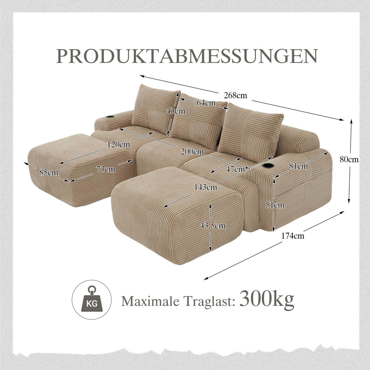 3-SITZER Wohnlandschaft Cord mit 2 Hockern Getränkehalter und Seitentasche 268/174/80 cm Sandfarben - Sandfarben, Textil (174/80/268cm) - Redom